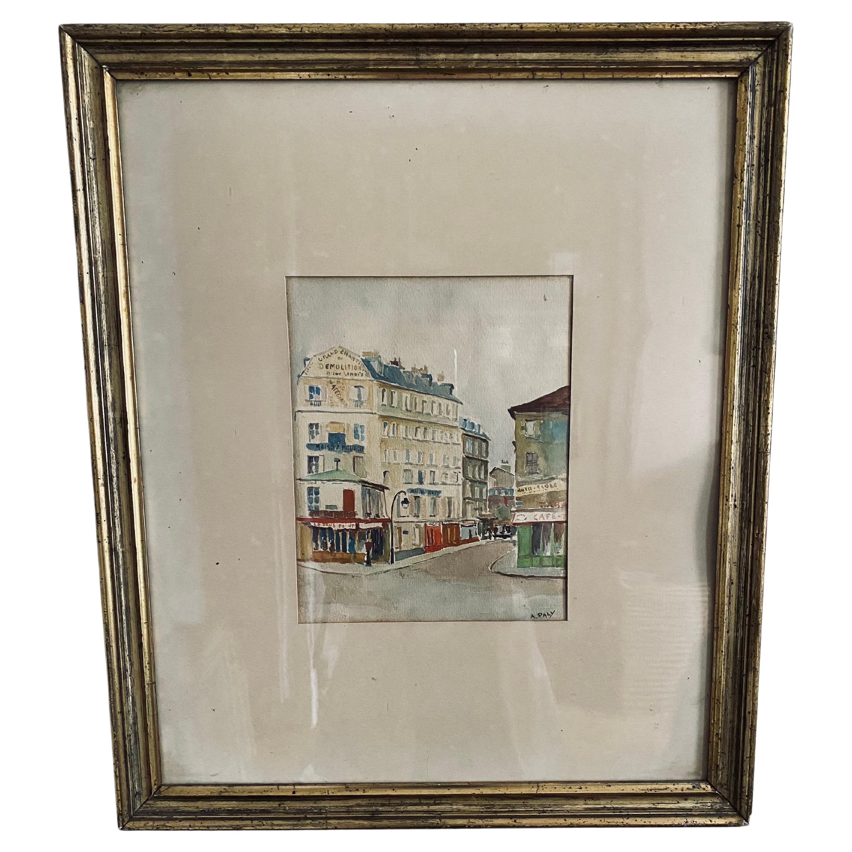 Watercolor of a Paris street scene with a „Berliner Leiste“ frame by A. Paly For Sale