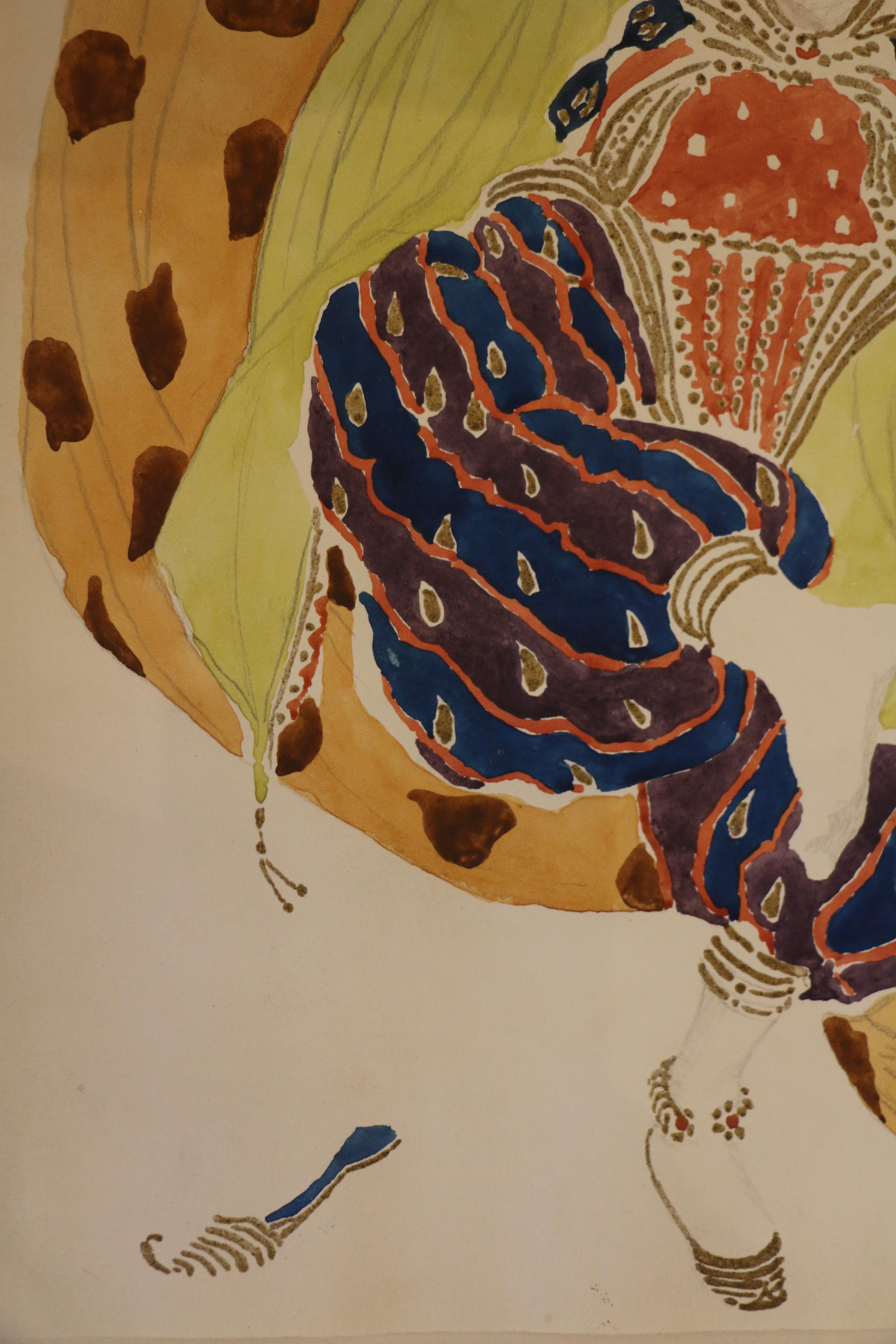 Paper Watercolor of a Semi Nude Dancer for Scheherazade ballet by Bakst, France, 1910
