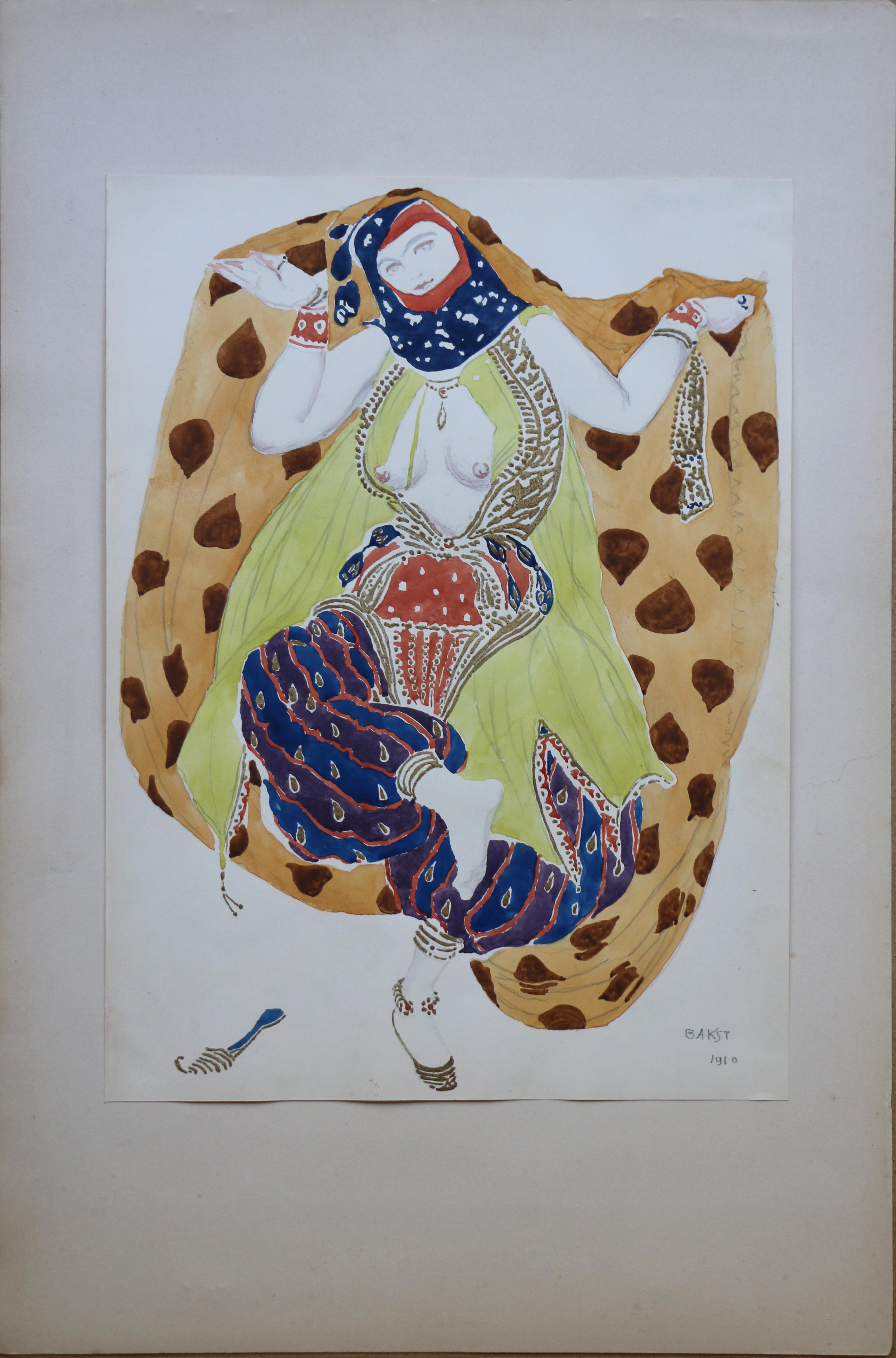 Watercolor of a Semi Nude Dancer for Scheherazade ballet by Bakst, France, 1910 2