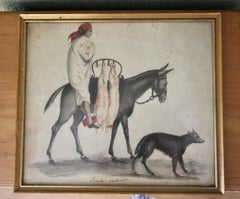 Watercolor of a traveling butcher with his horse and dog