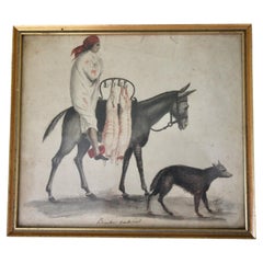 Watercolor of a traveling butcher with his horse and dog