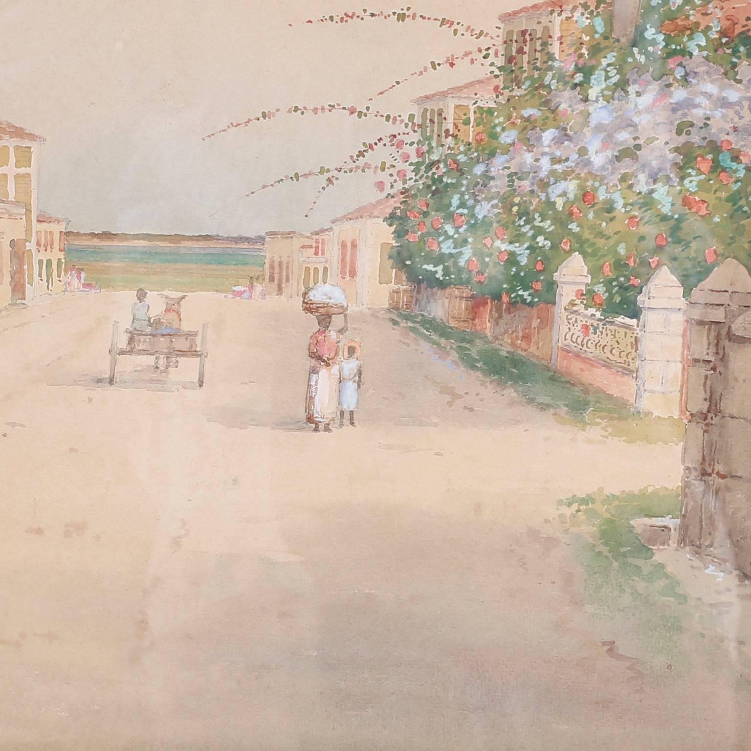 British Colonial Watercolor of a Tropical Street Scene