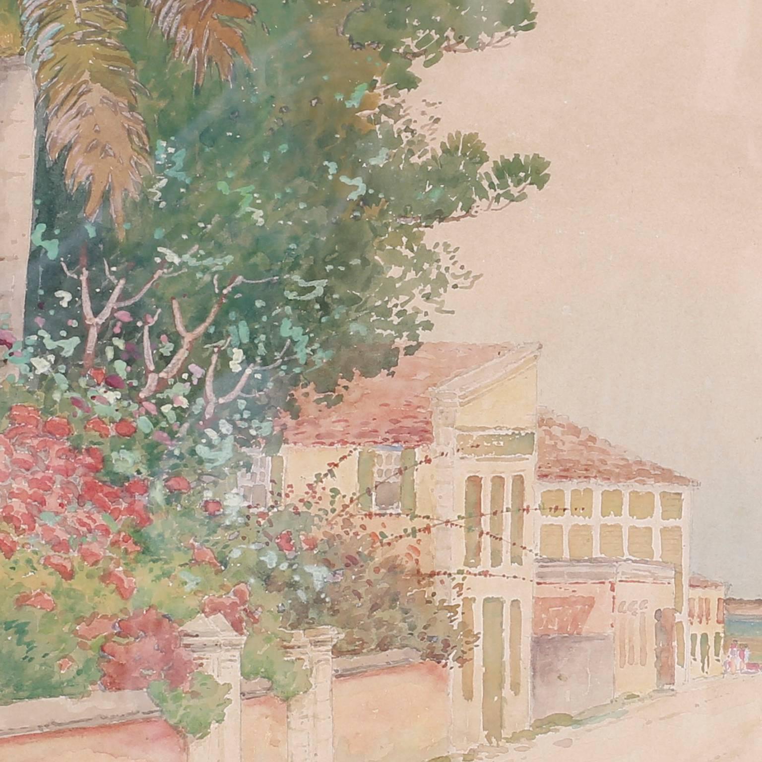 Watercolor of a Tropical Street Scene In Excellent Condition In Palm Beach, FL