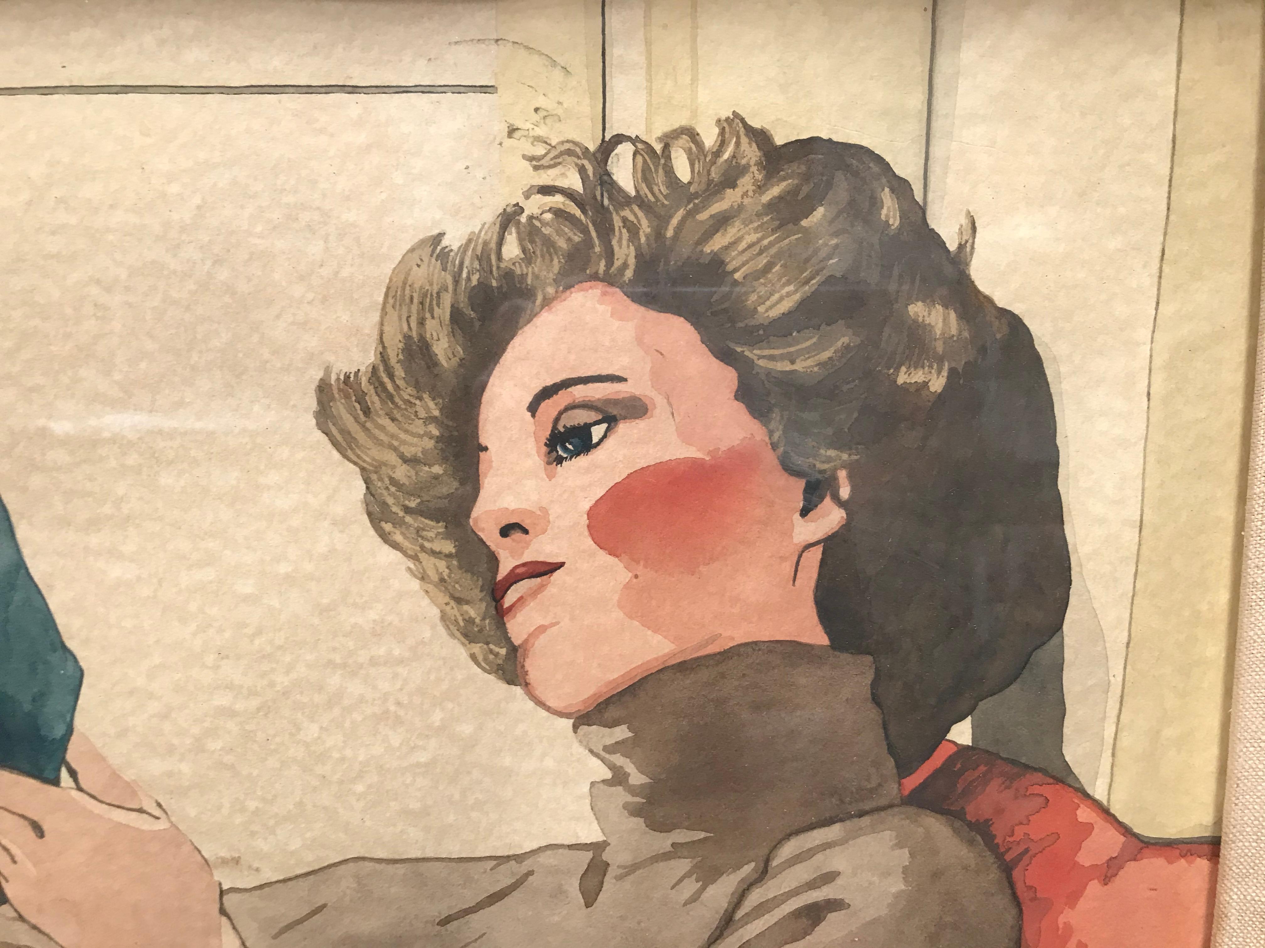 Watercolor on paper featuring a woman reading a book. It is signed Ruth Luca Gonez and dated 77.
It sits in its original beautiful red-washed frame and its original canvas mat.