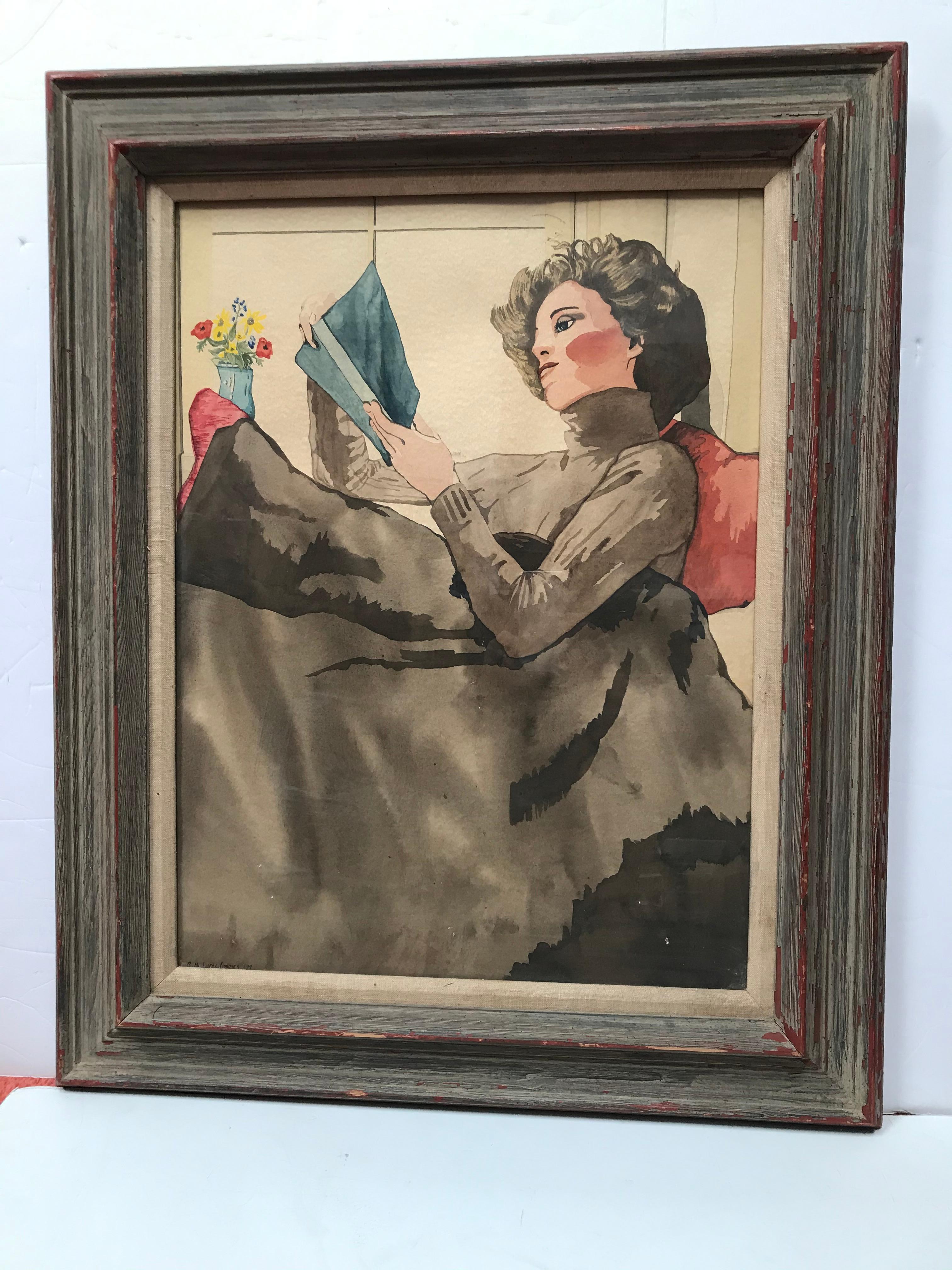 Canvas Watercolor of a Woman Reading a Book Signed Ruth Lucas Gonez