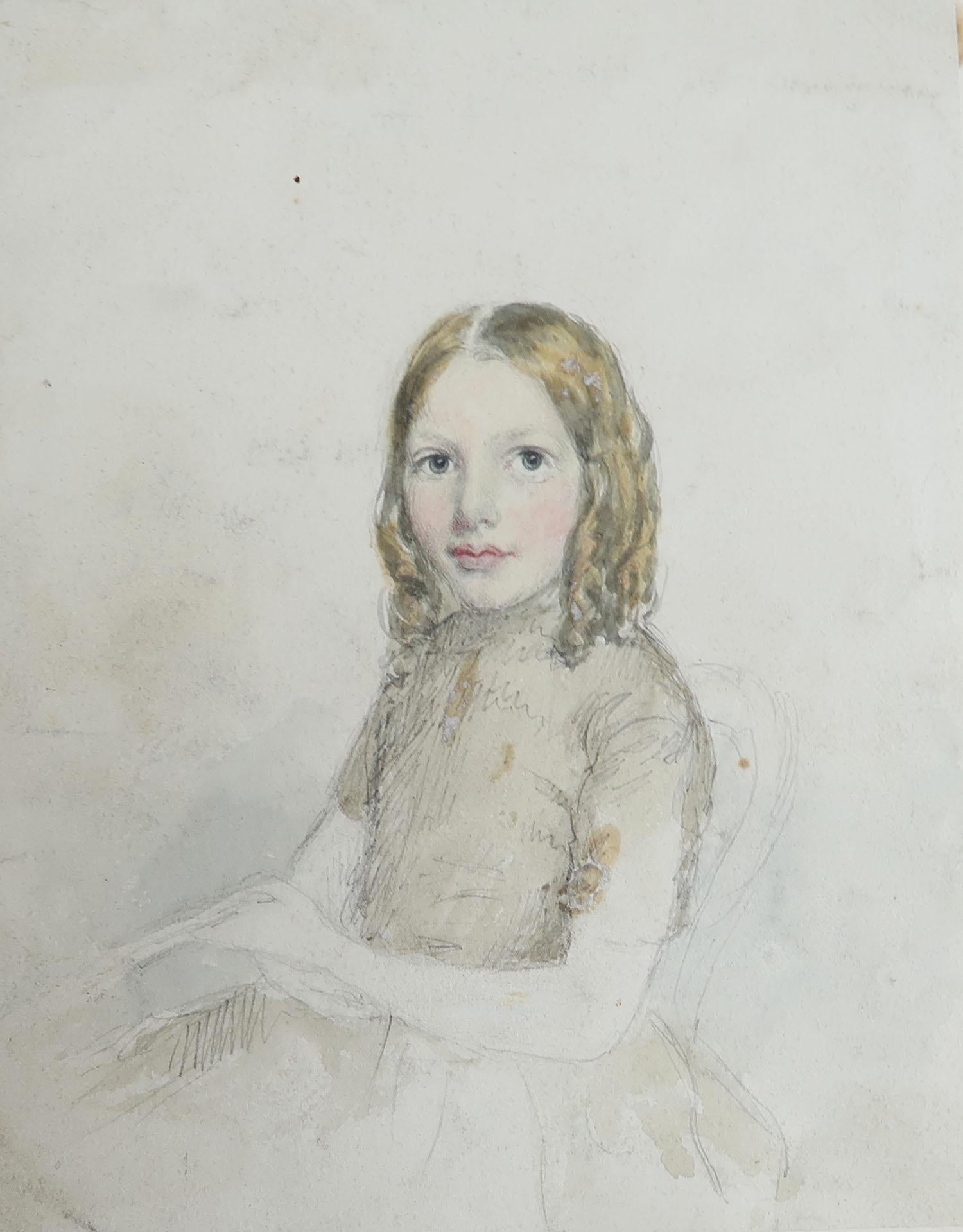 A beautiful watercolor of a a young lady. 

Fabulous quality

The sitter is Lucy Grundy. Related to the artist Robert Hindmarsh Grundy*

On paper applied to card

Unsigned

Unframed

Some minor foxing and a slight surface disruption top