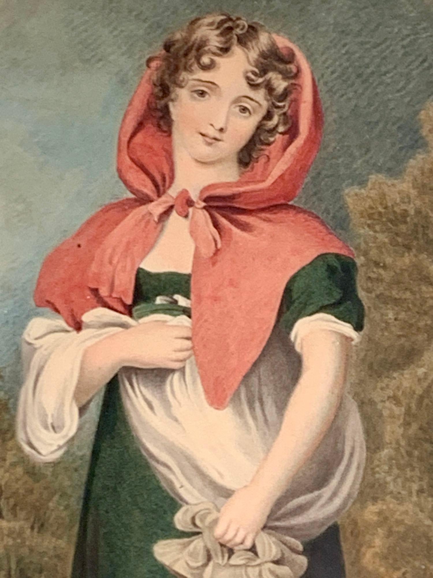 English Watercolor of a Young Lady with a Red Shawl, England Circa 1840-1850 For Sale
