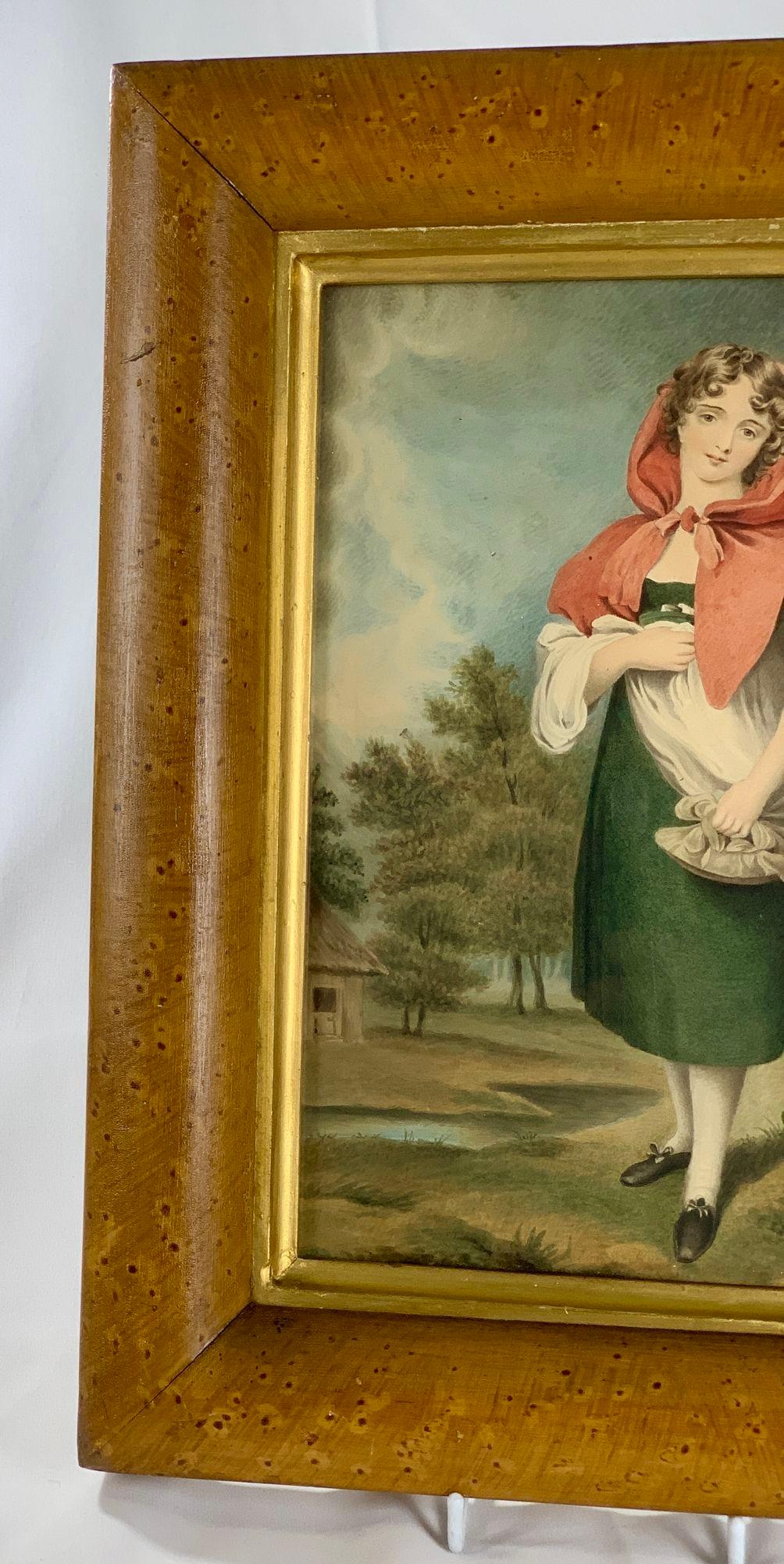 19th Century Watercolor of a Young Lady with a Red Shawl, England Circa 1840-1850 For Sale