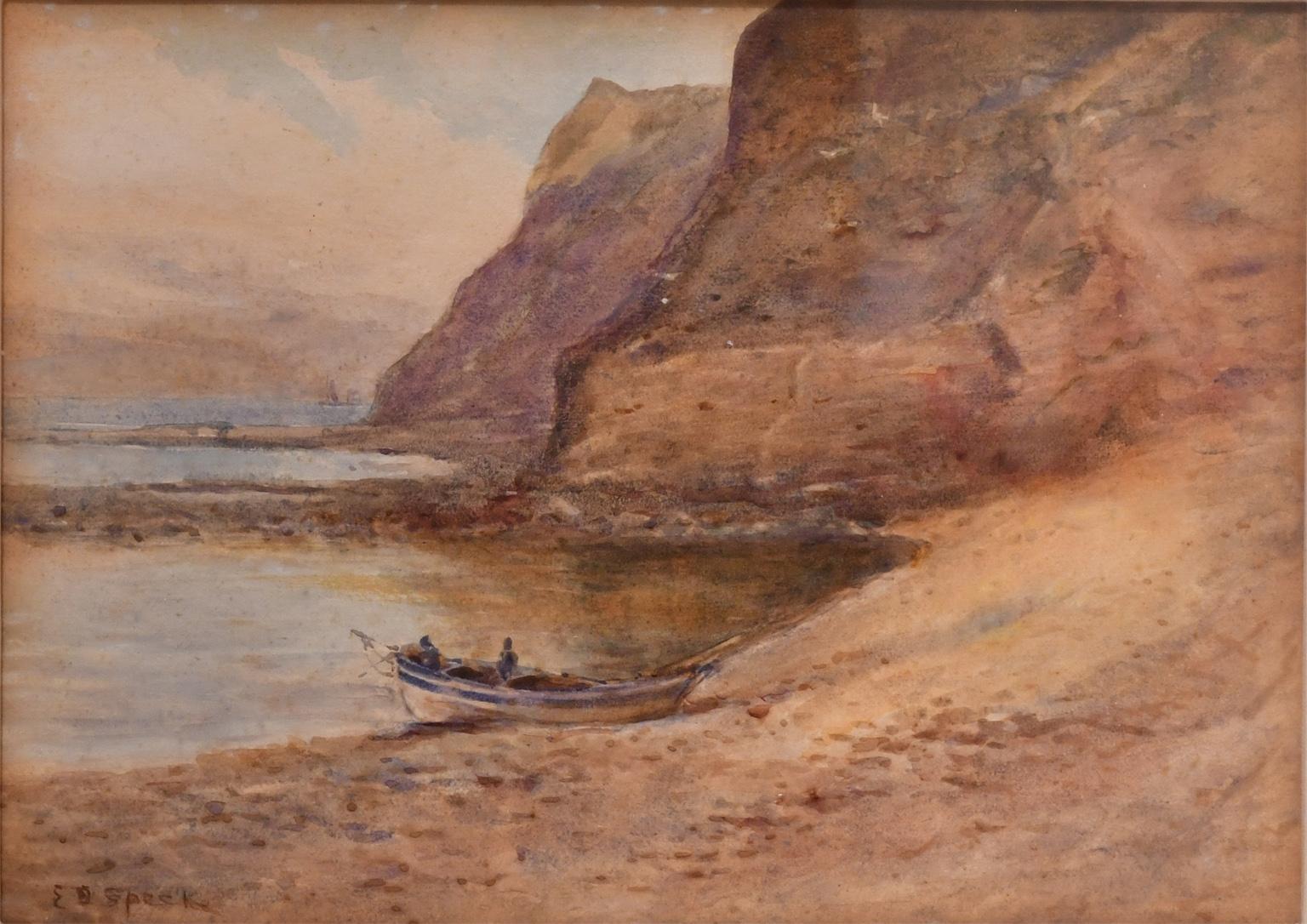 A beautiful watercolor on paper with a well-articulated scene of a boat in a cove along a river bordered by cliffs. Signed E. Ö. Speck on bottom left corner. Comes with a fine giltwood frame.

Overall measurements: 19 1/4