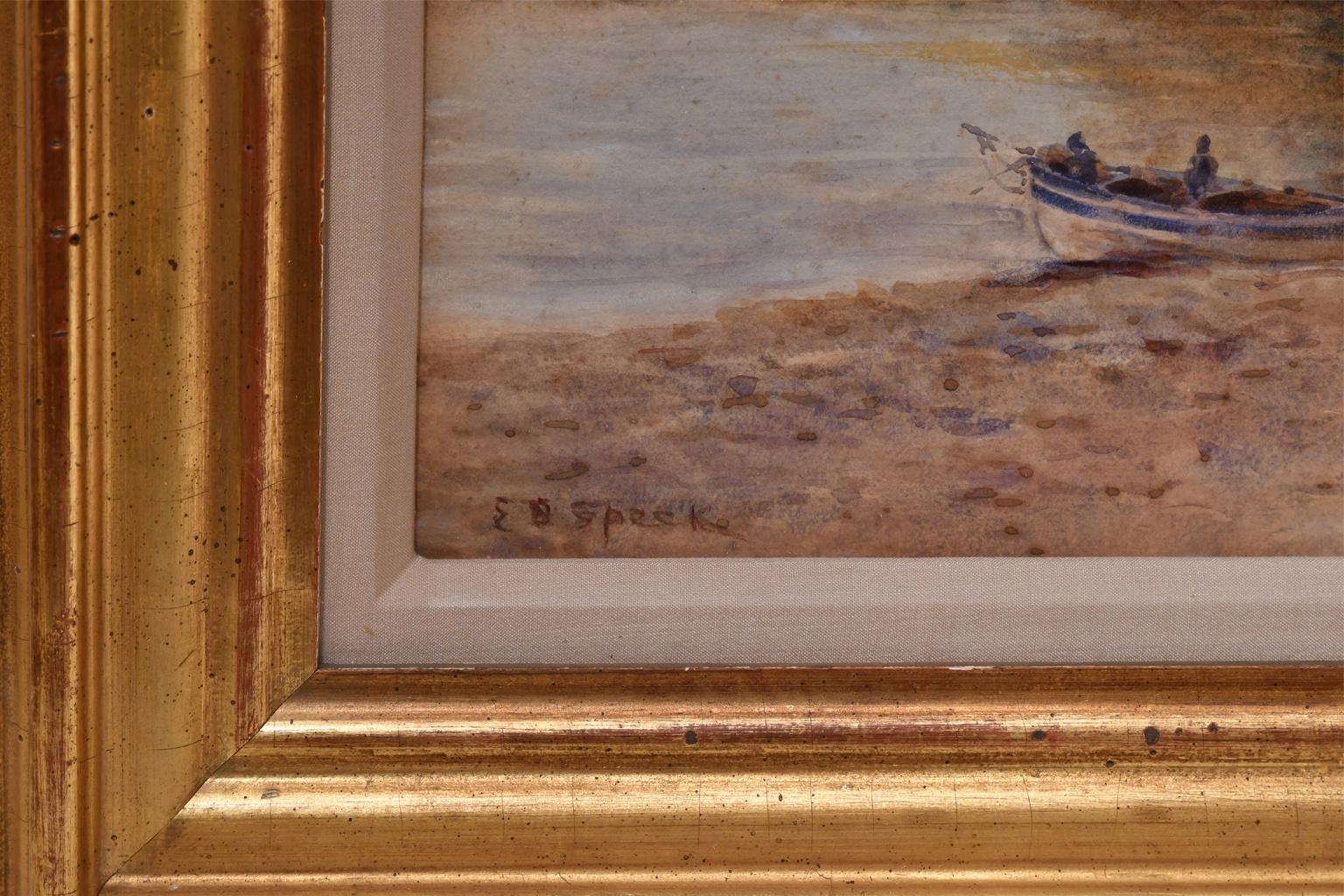 Romantic Watercolor of Boat in a Cove by Cliffs, Signed E. Ö. Speck in Gilded Frame For Sale