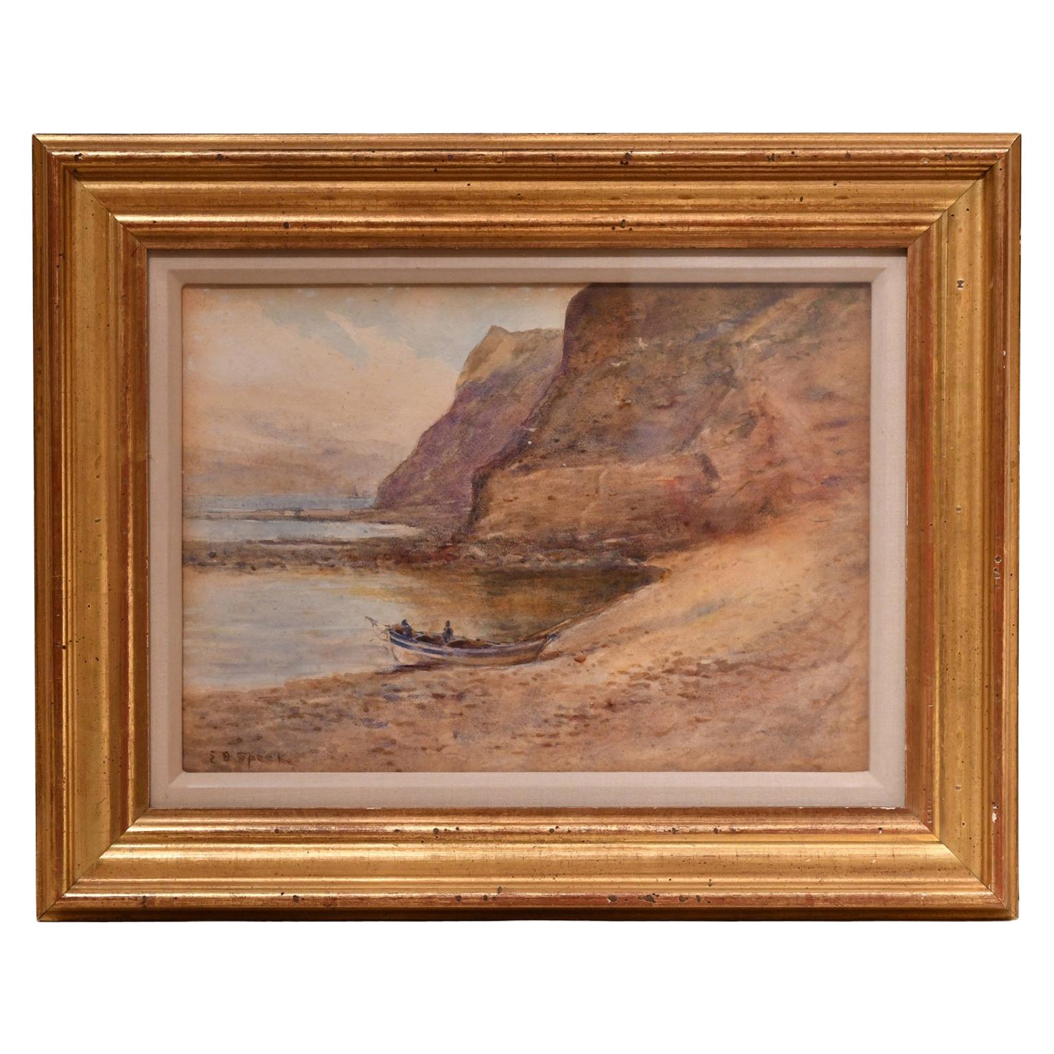 Watercolor of Boat in a Cove by Cliffs, Signed E. Ö. Speck in Gilded Frame