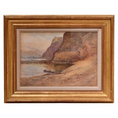 Antique Watercolor of Boat in a Cove by Cliffs, Signed E. Ö. Speck in Gilded Frame