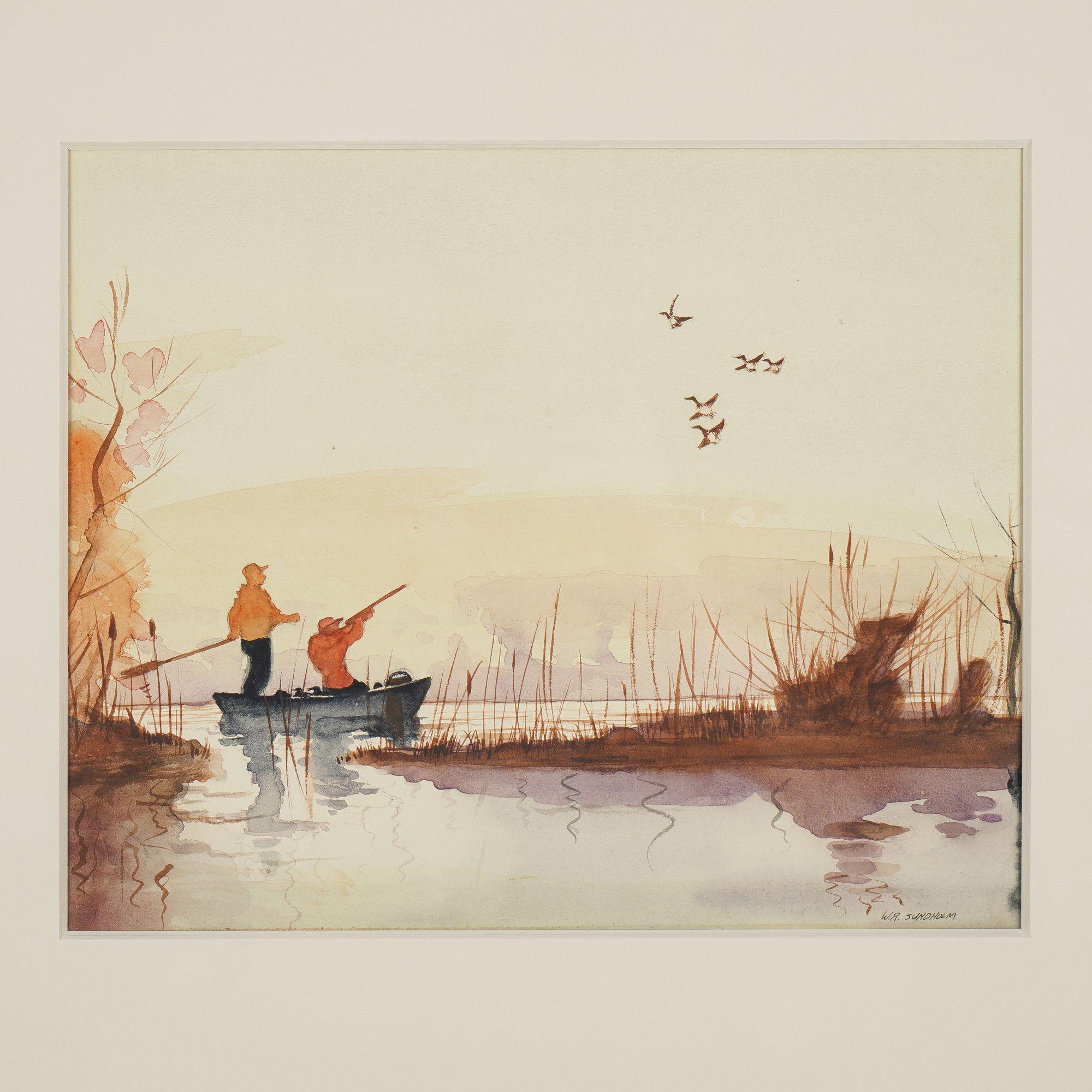 Watercolor on paper of two duck hunters on a punt. The composition features a marshy bankside in the foreground, along with beautifully rendered reflections in the water. In the background, we see clouds or mist rising from the water, and above the