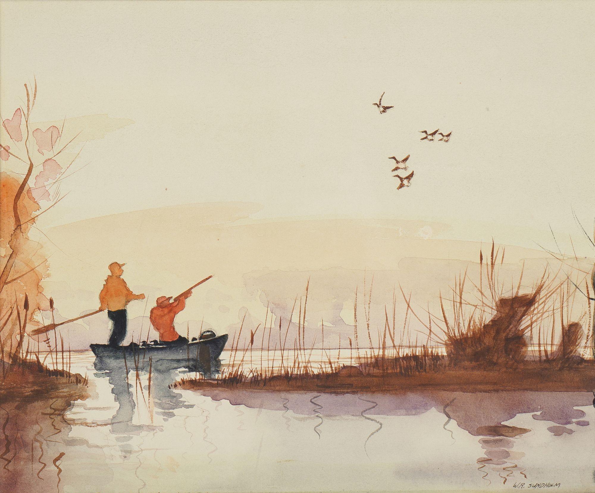Watercolor of duck hunters on a punt by W.R. Sundholm In Excellent Condition For Sale In Kenilworth, IL