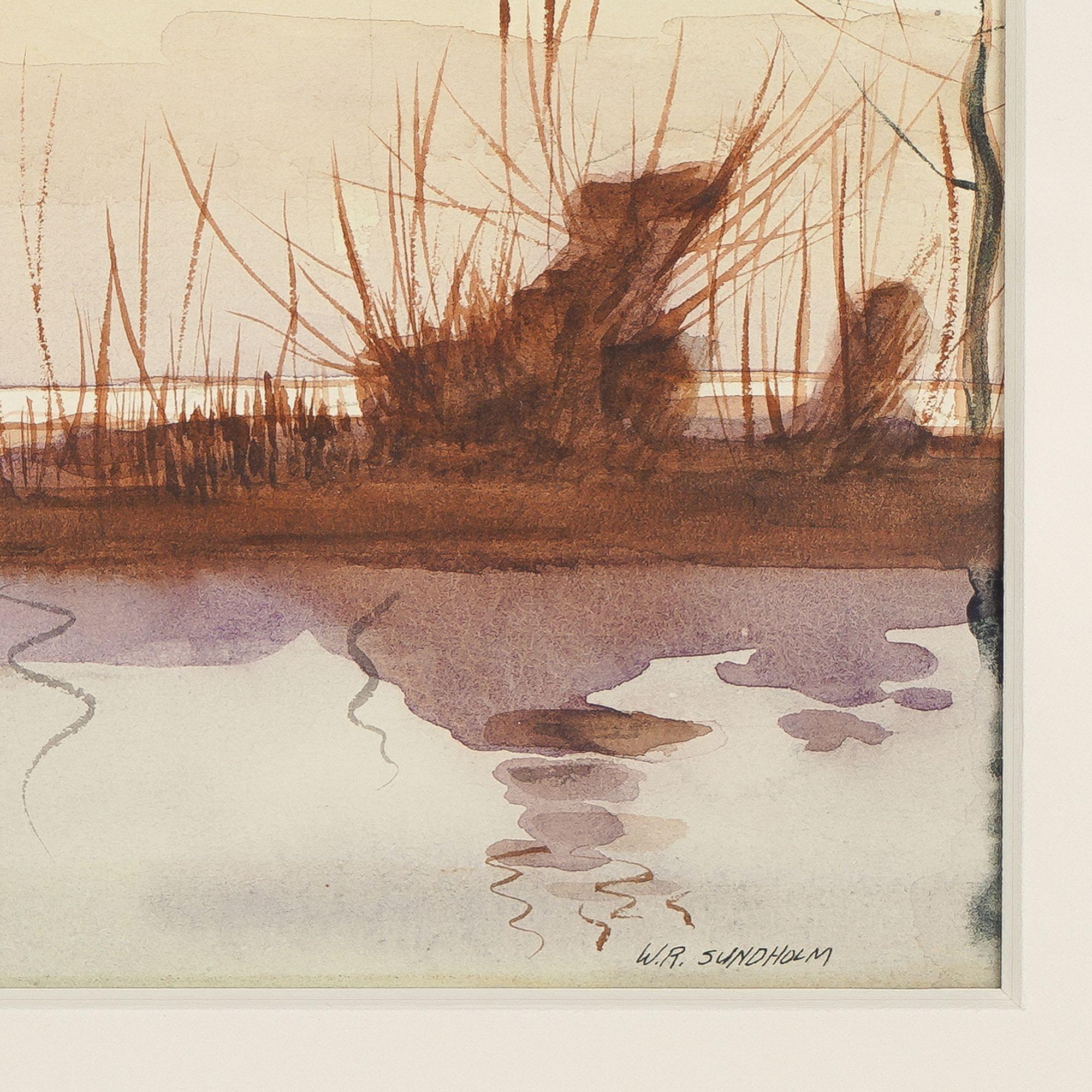 20th Century Watercolor of duck hunters on a punt by W.R. Sundholm For Sale