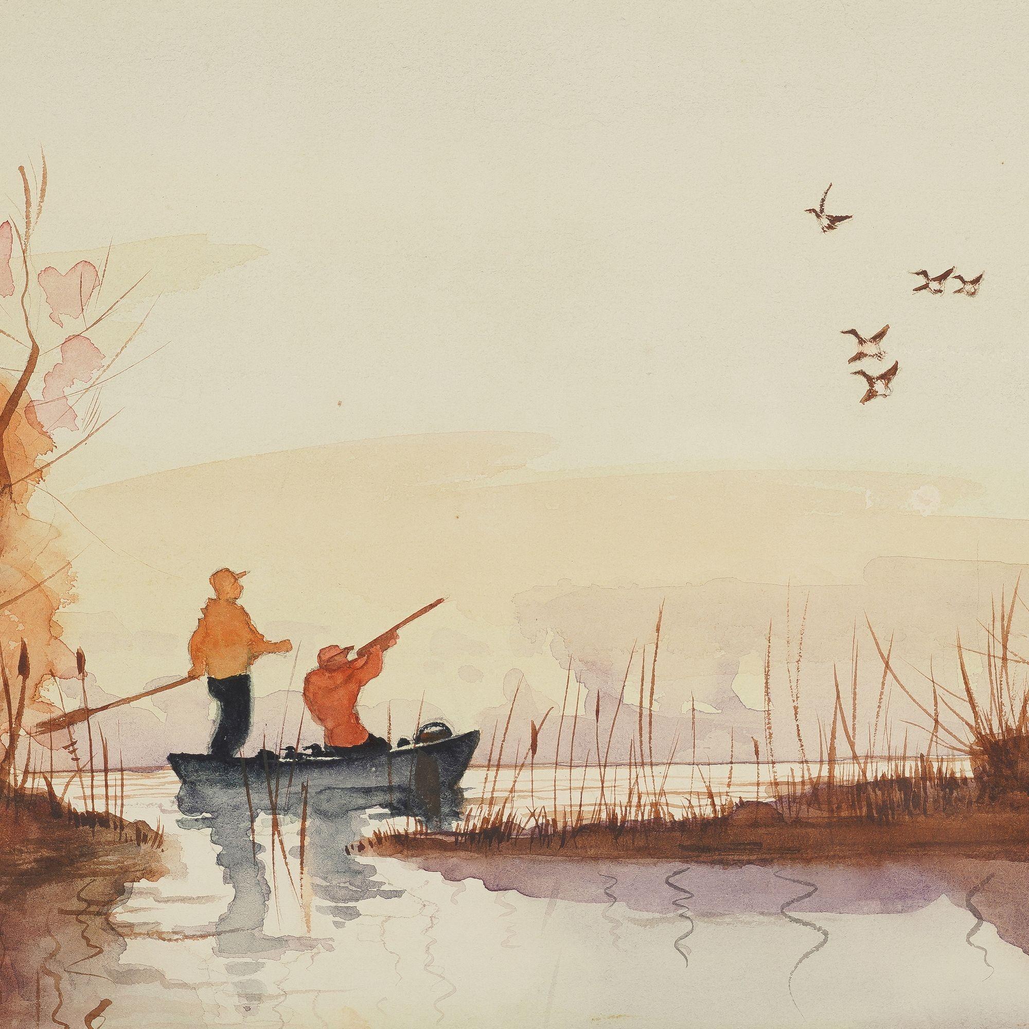 Watercolor of duck hunters on a punt by W.R. Sundholm For Sale 1