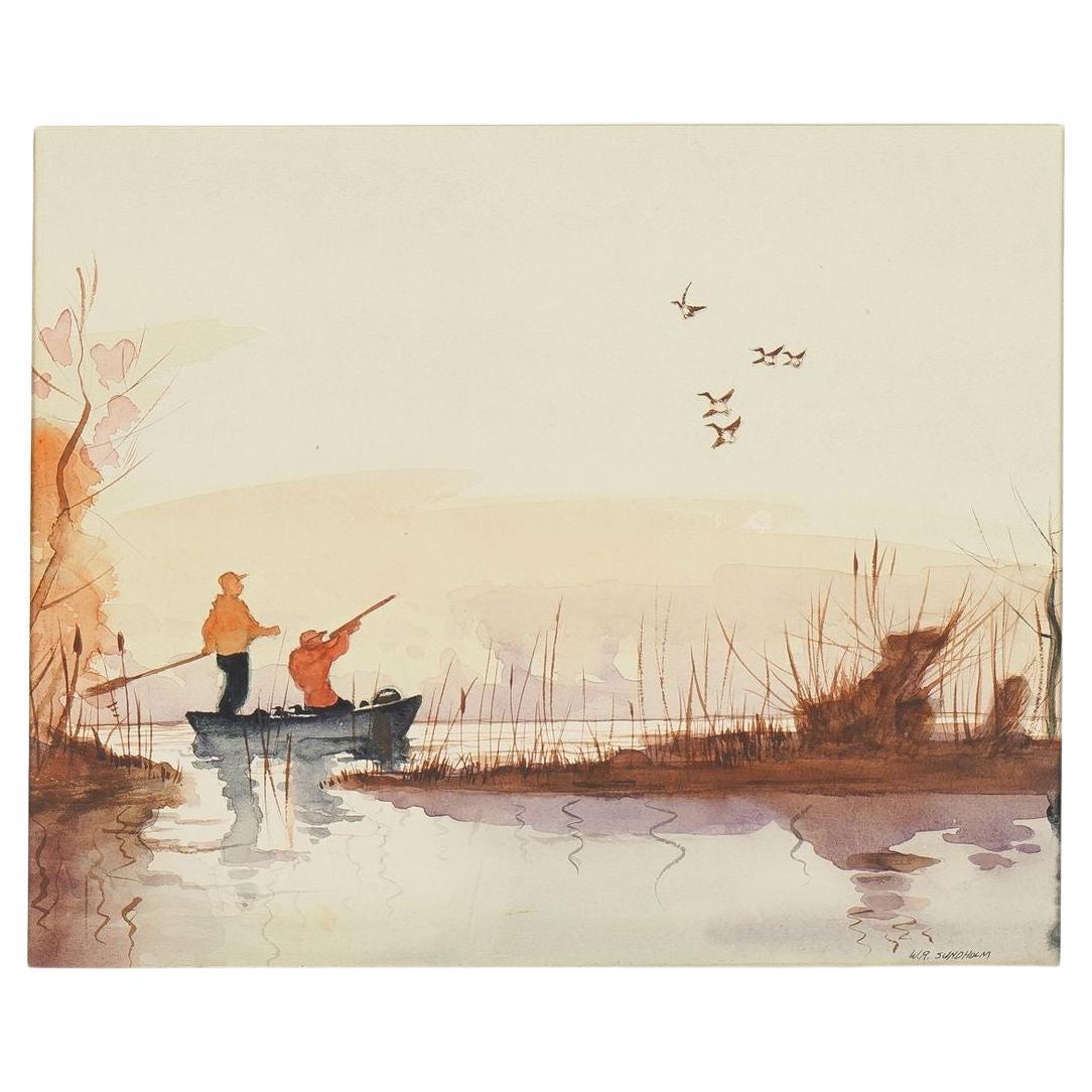 Watercolor of duck hunters on a punt by W.R. Sundholm For Sale