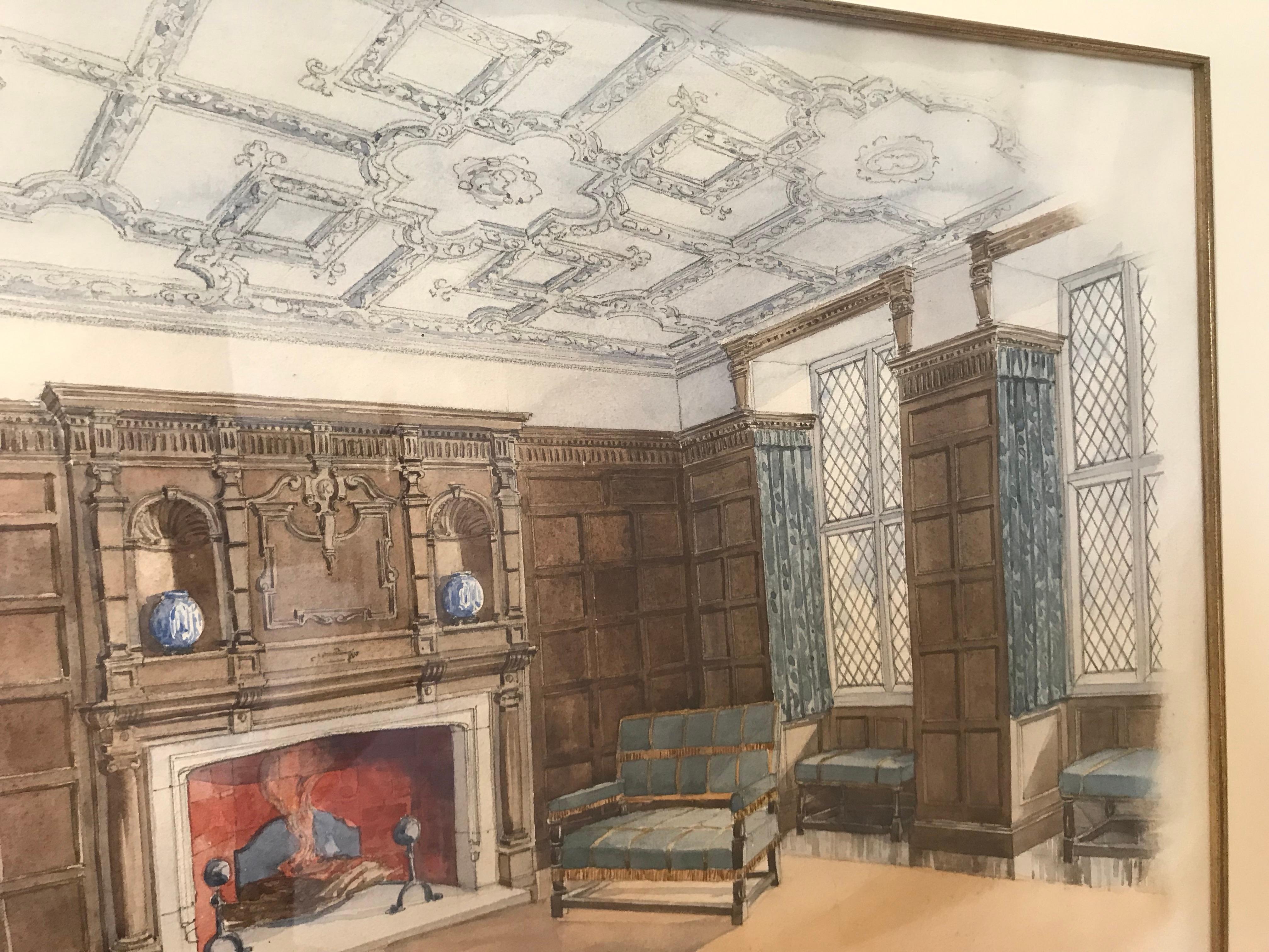 Watercolor of Interior Room Attributed to B. Carpenter In Excellent Condition For Sale In Nashville, TN