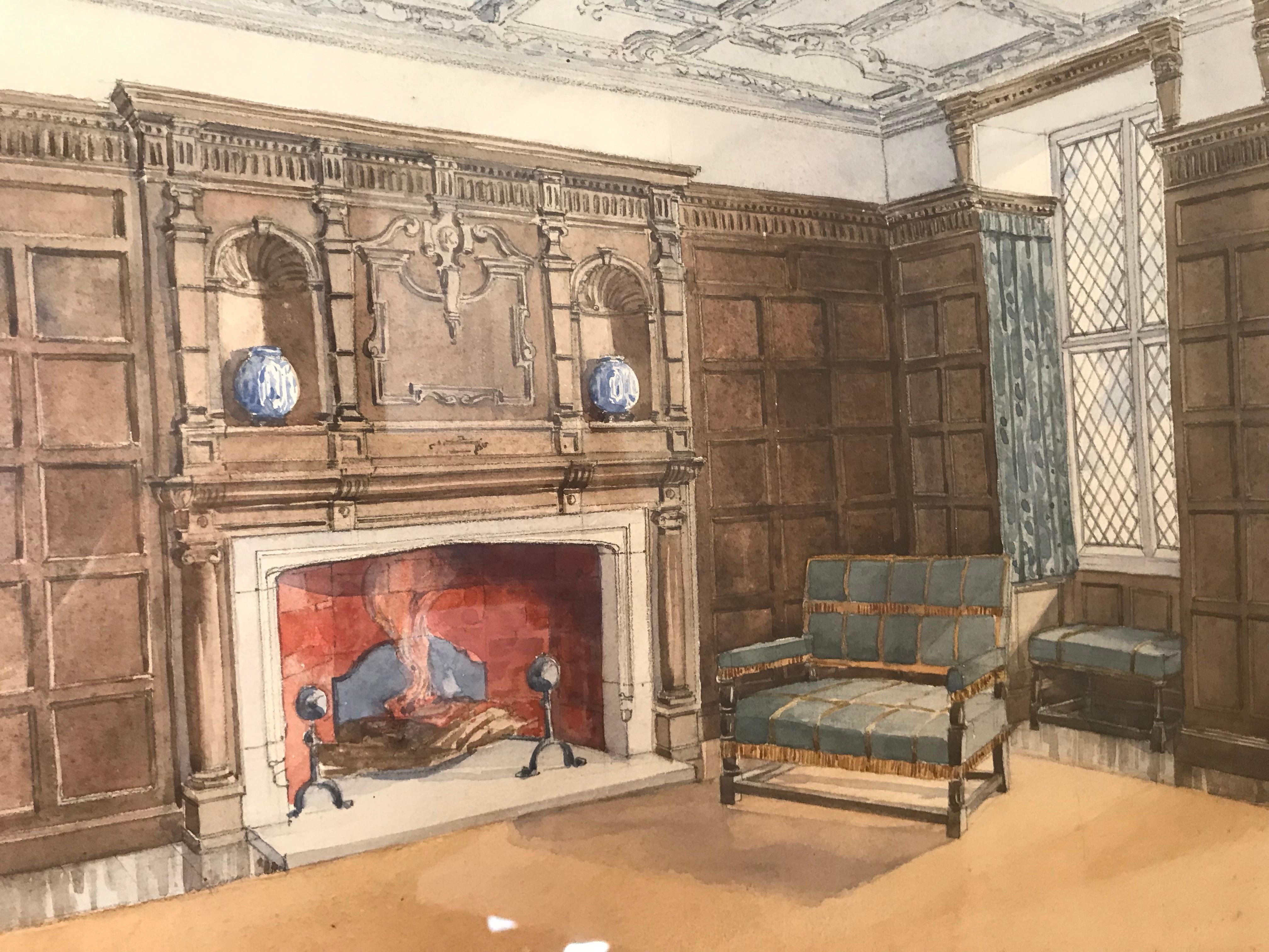 19th Century  Watercolor of Interior Room Attributed to B. Carpenter For Sale
