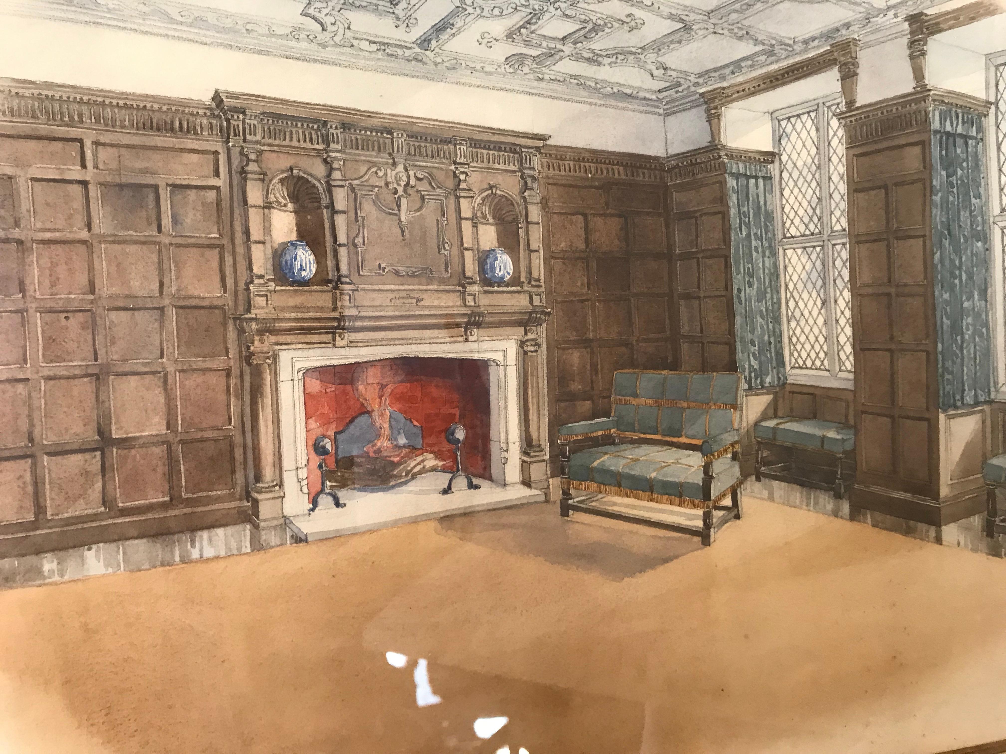 Paper  Watercolor of Interior Room Attributed to B. Carpenter For Sale