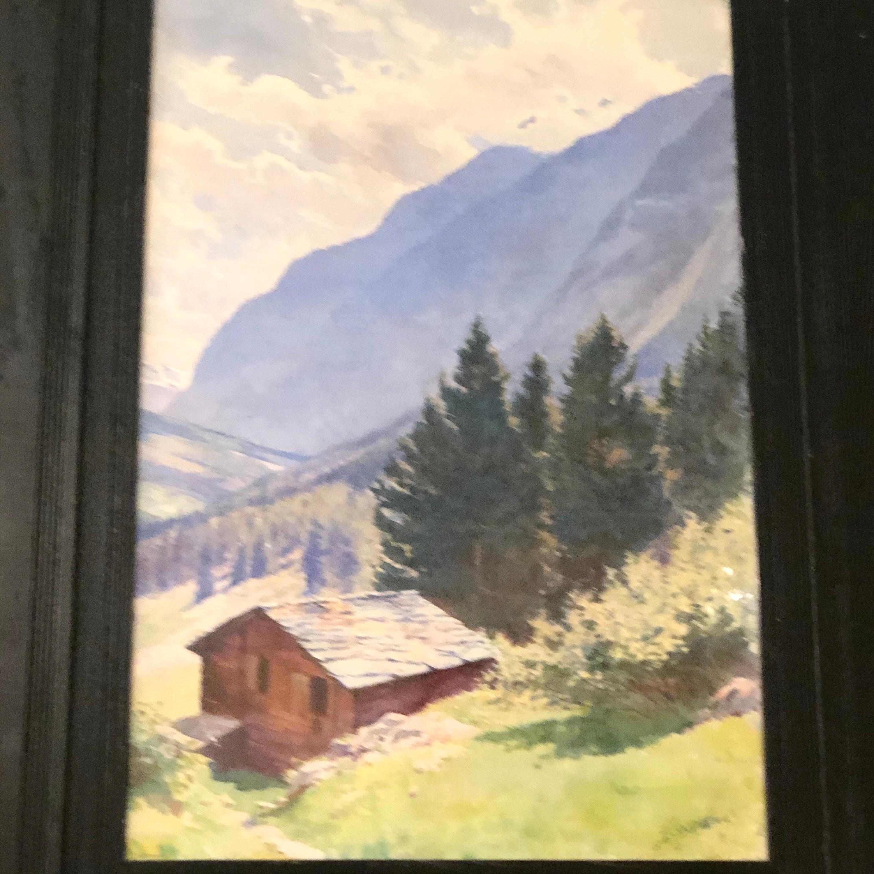 American Watercolor of Majestic Mountain View Signed Harold Broadfield Warren For Sale