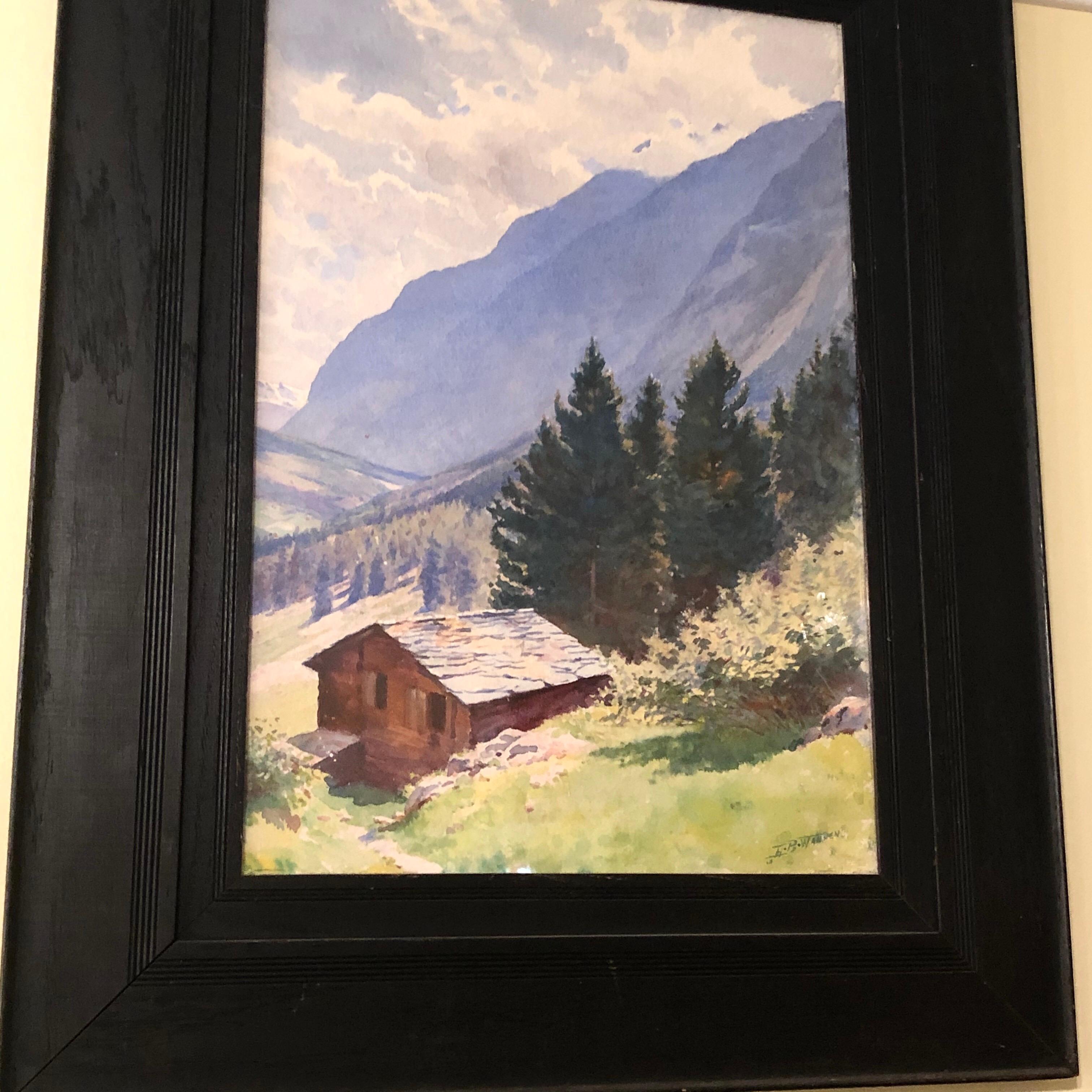 Hand-Painted Watercolor of Majestic Mountain View Signed Harold Broadfield Warren For Sale