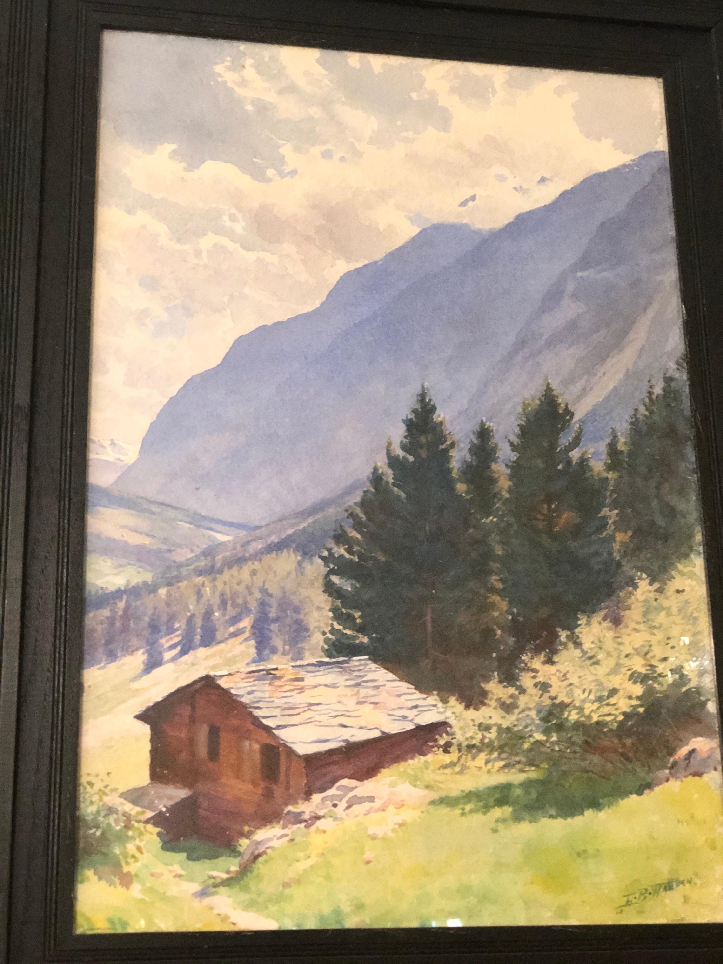 Early 20th Century Watercolor of Majestic Mountain View Signed Harold Broadfield Warren For Sale
