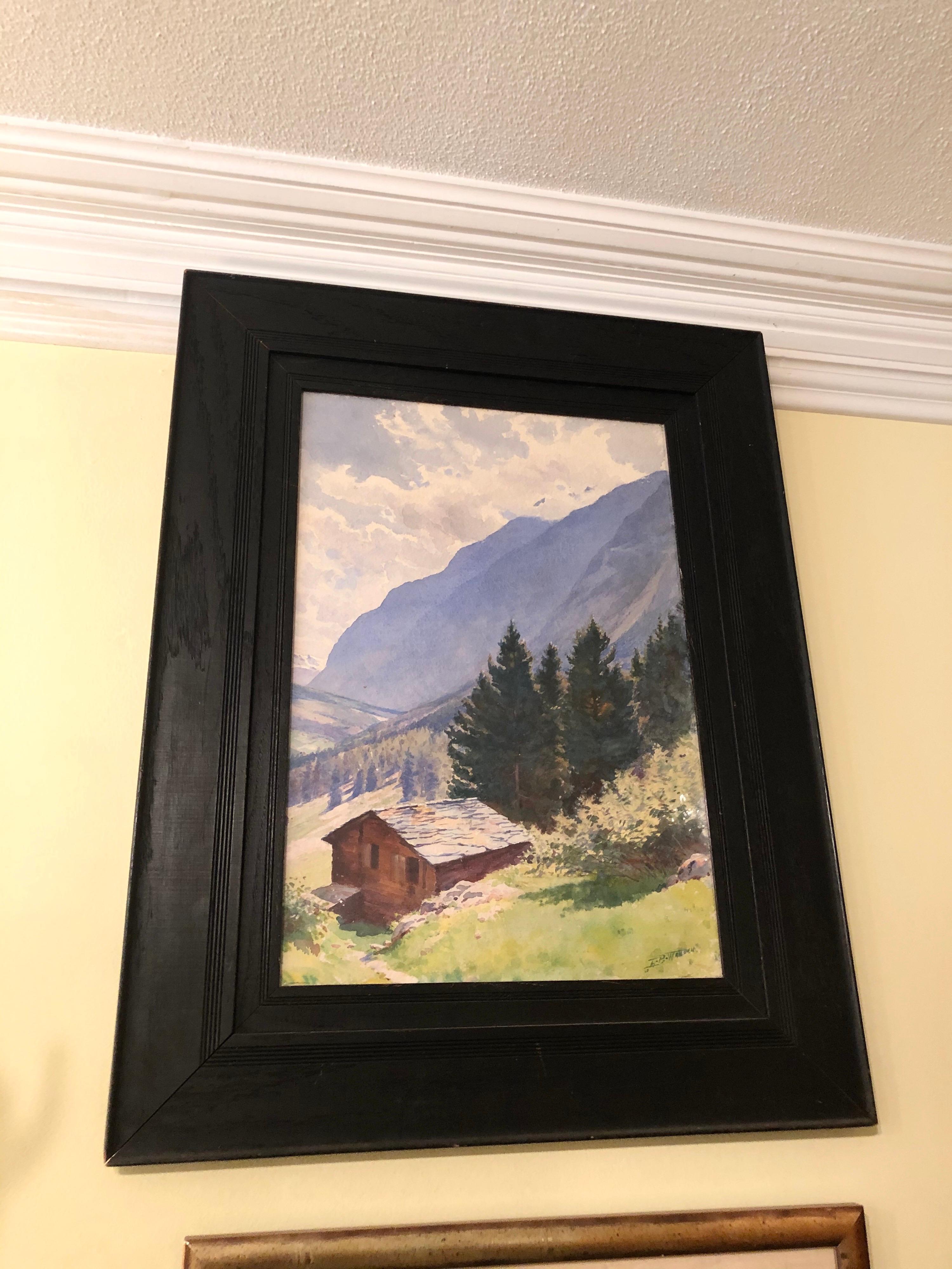 Paper Watercolor of Majestic Mountain View Signed Harold Broadfield Warren For Sale