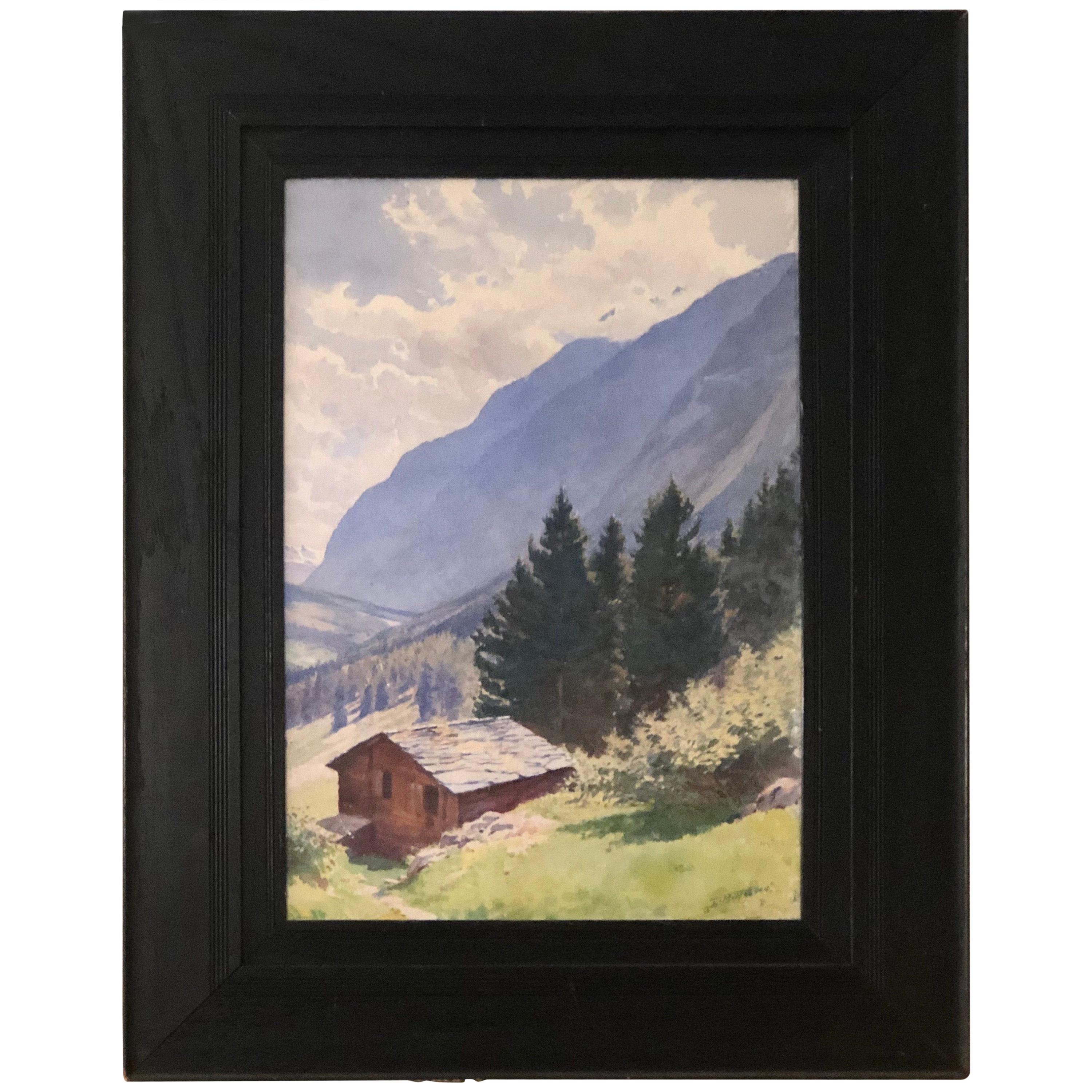 Aquarell von Majestic Mountain View, signiert Harold Broadfield Warren