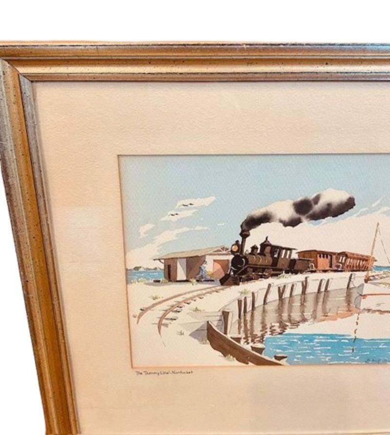 Aquarelle vintage du chemin de fer de Nantucket, par Doris et Richard Beer, vers 1940, une aquarelle sur papier représentant le chemin de fer à voie étroite 