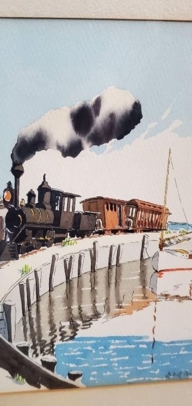 Hand-Painted Watercolor of Nantucket Railroad, by Doris and Richard Beer, circa 1940 For Sale