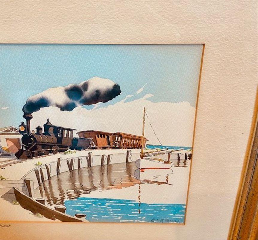 Folk Art Watercolor of Nantucket Railroad, by Doris and Richard Beer, circa 1940 For Sale