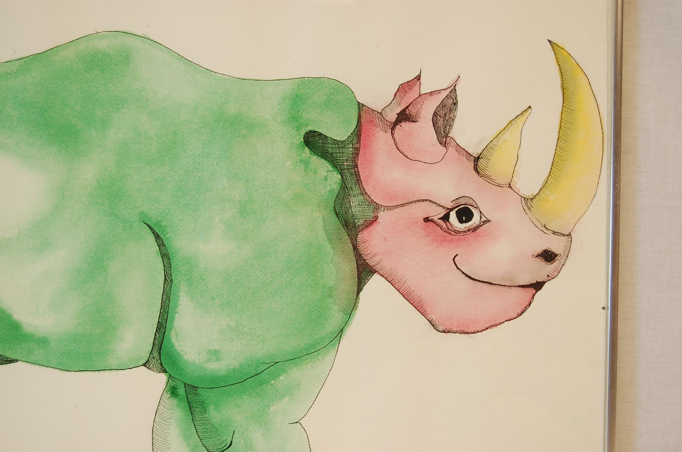 Wonderful and bright watercolor of a green and pink rhinoceros by Anna Dibble in 1972. Excellent condition in metal frame and glass.