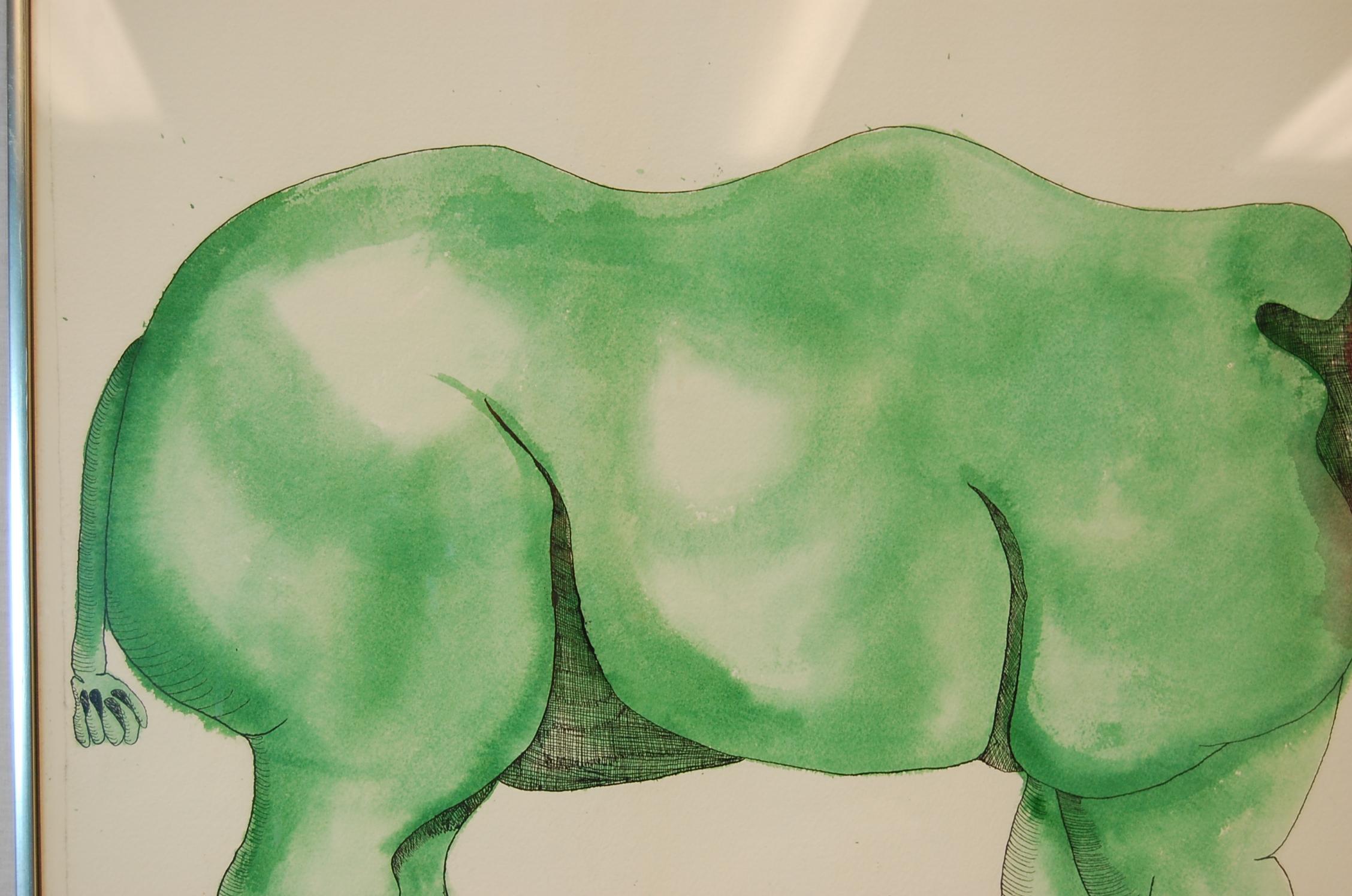 American Watercolor of Rhinoceros by Anna Dibble, 1972, Signed and Framed