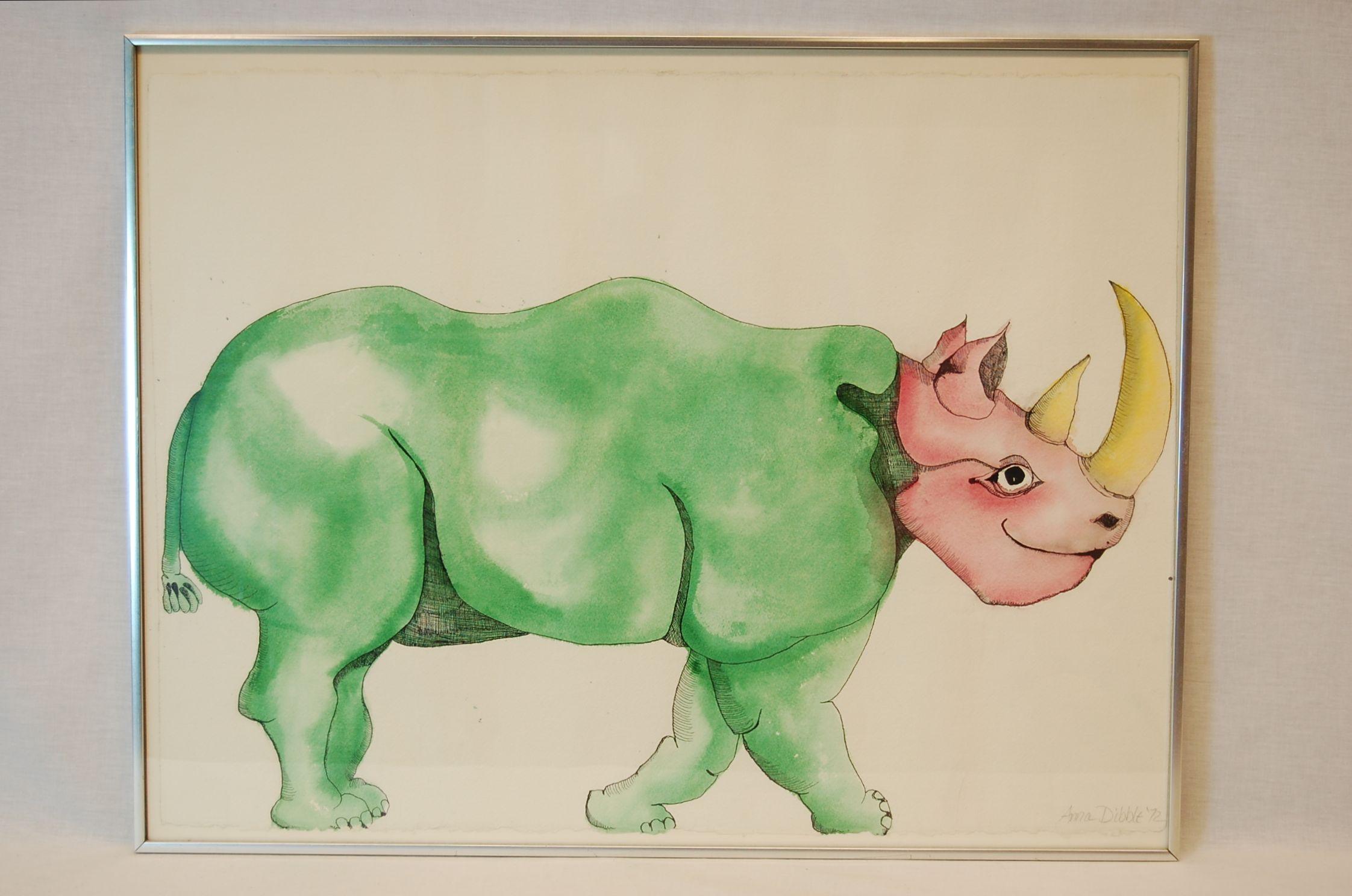 Hand-Painted Watercolor of Rhinoceros by Anna Dibble, 1972, Signed and Framed