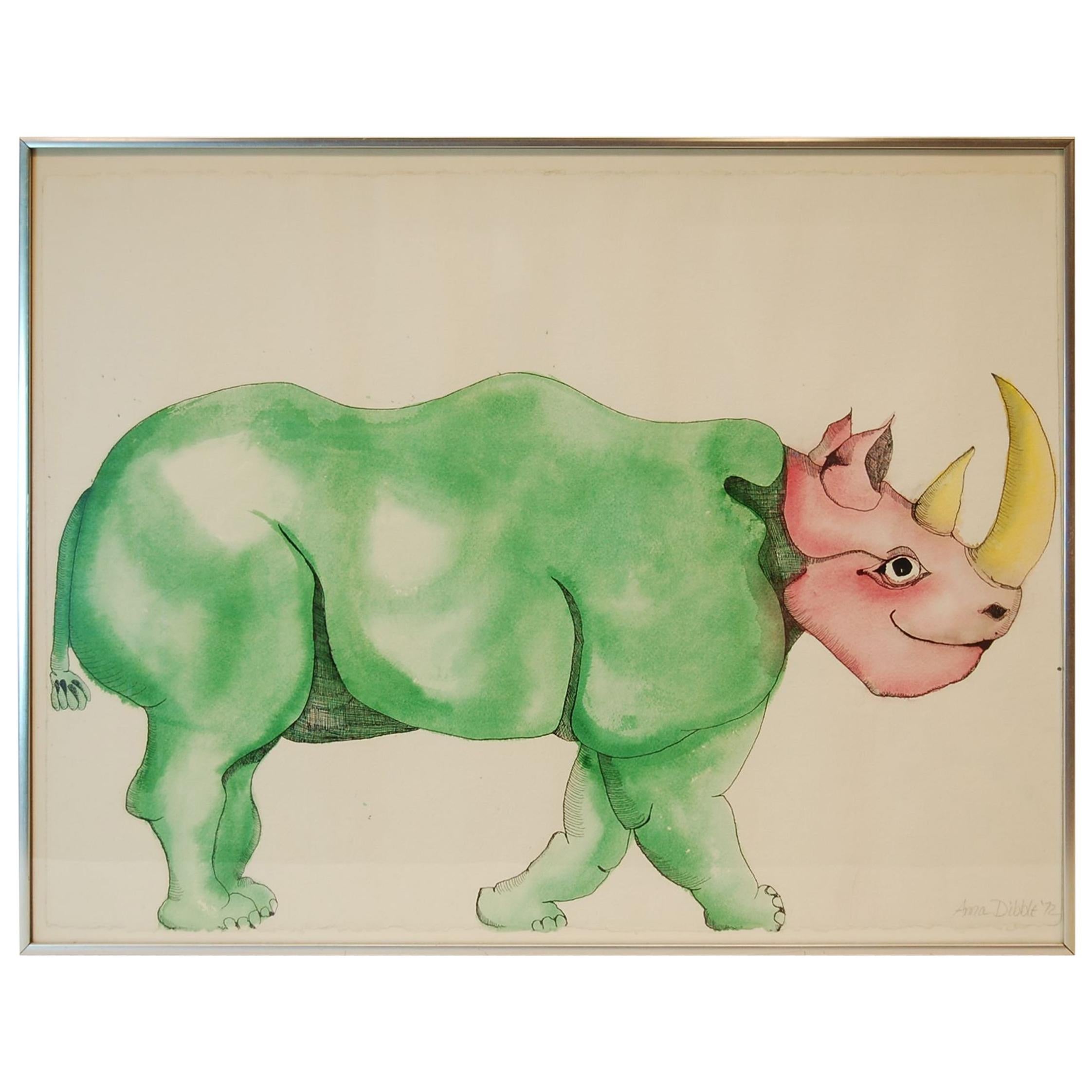 Watercolor of Rhinoceros by Anna Dibble, 1972, Signed and Framed