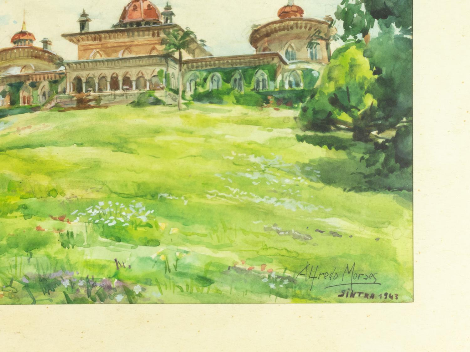 Questo acquerello di Alfredo Morais, datato 1943, cattura i giardini lussureggianti e l'architettura esotica di un palazzo a Sintra, in Portogallo. 

Firmato in basso a destra come 