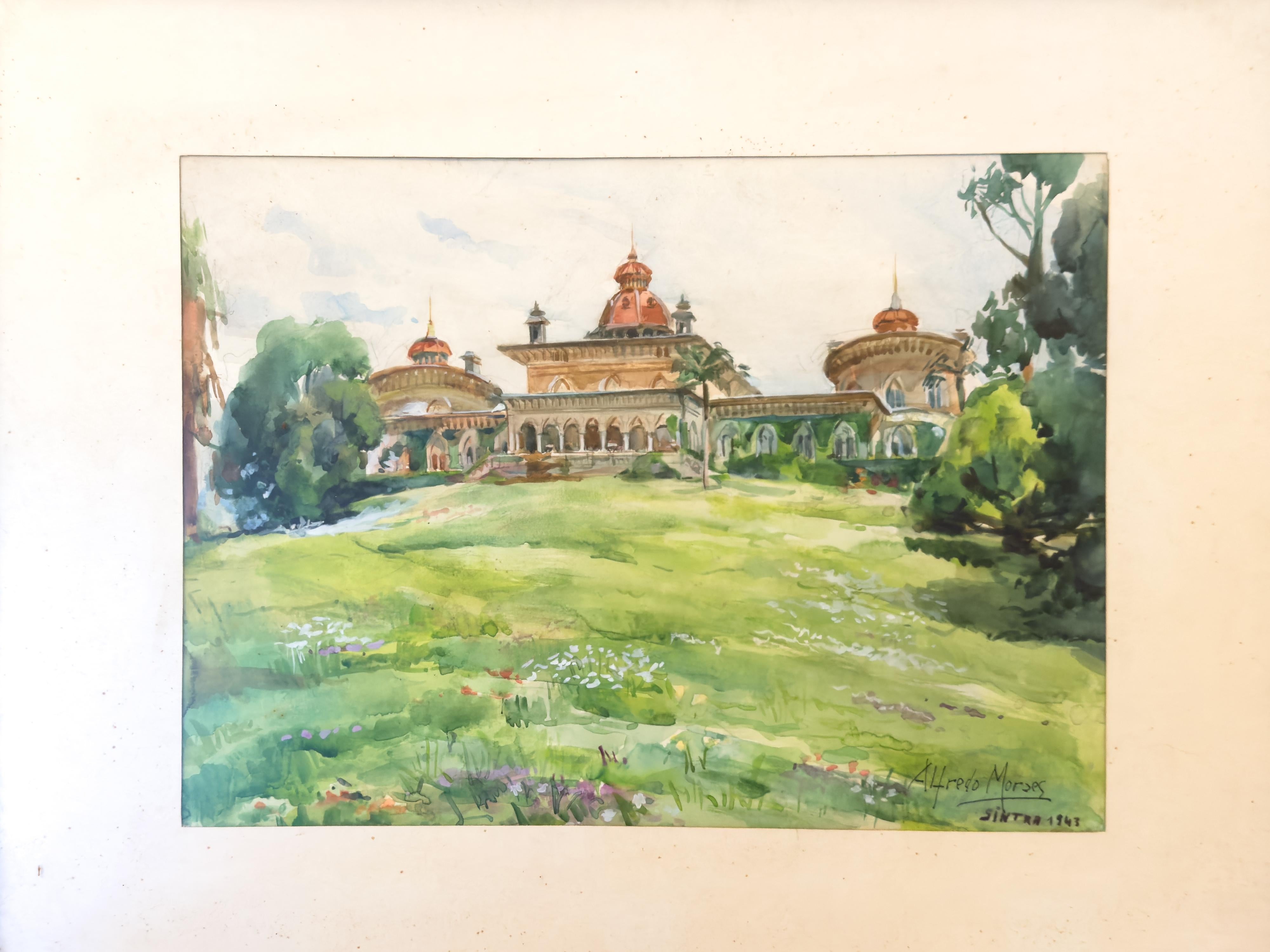 Portoghese Acquerello del giardino del Palazzo di Sintra di Alfredo Morais, 1943 in vendita