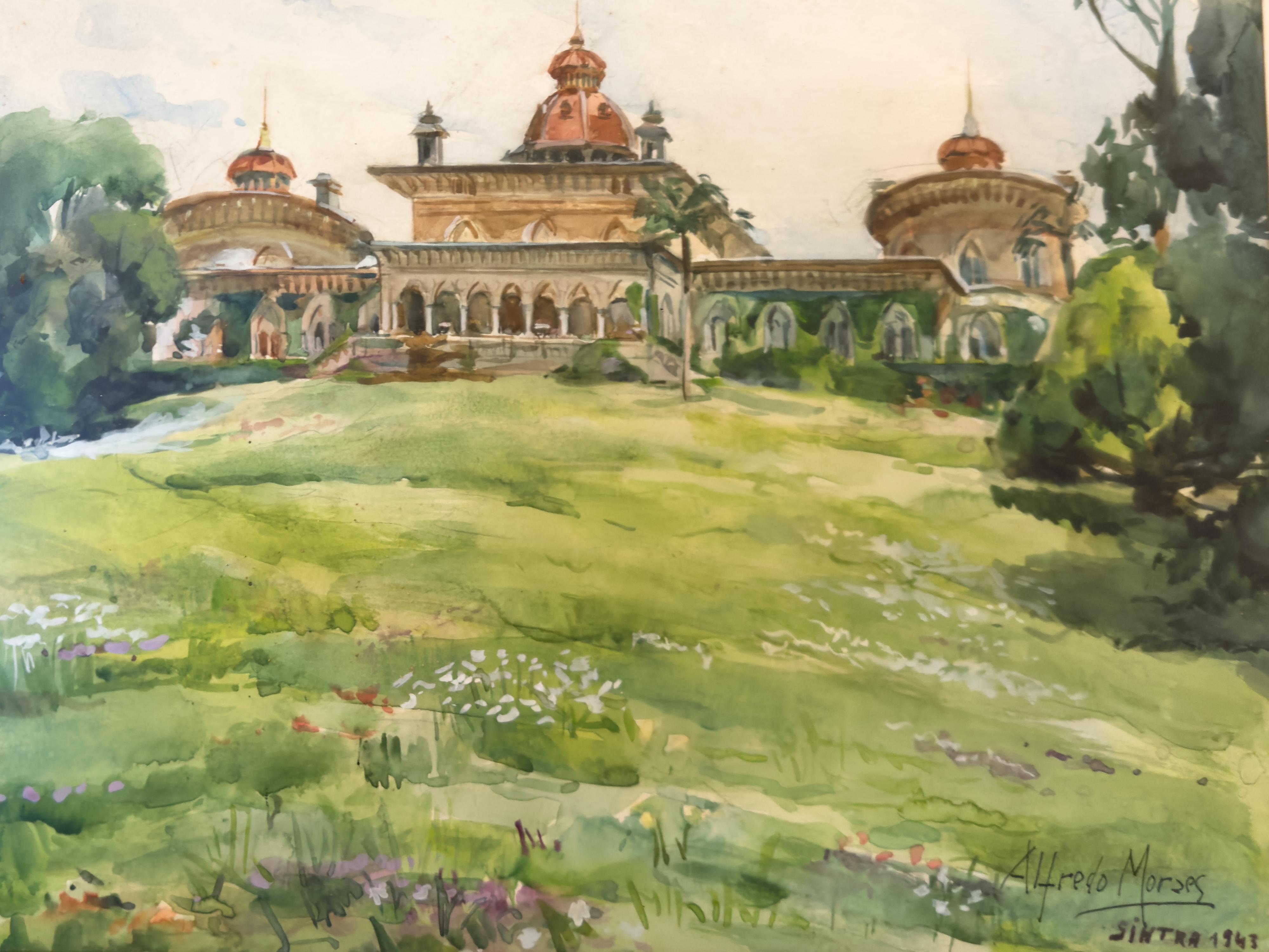 Acquerello del giardino del Palazzo di Sintra di Alfredo Morais, 1943 In condizioni buone in vendita a Lisbon, PT