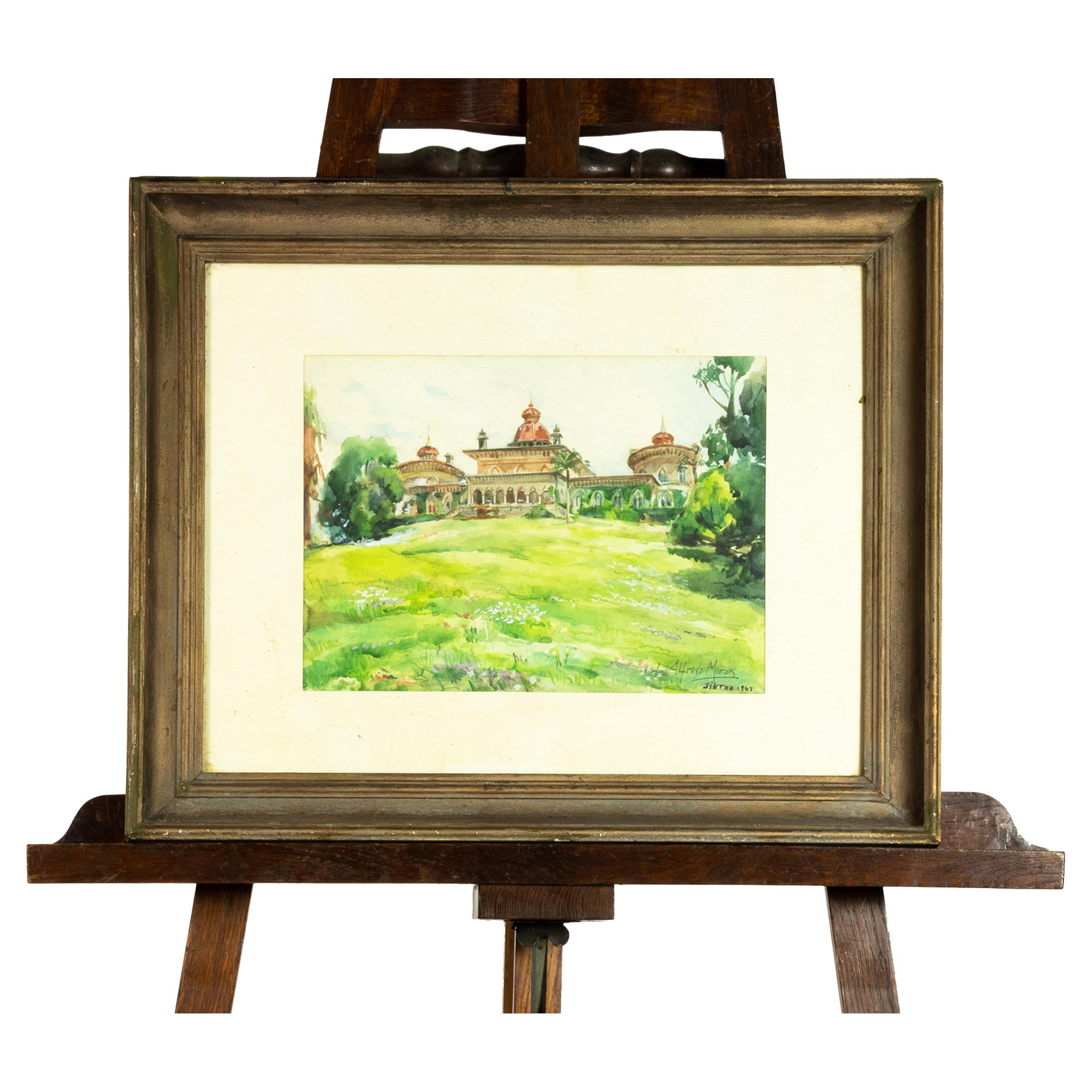 Watercolor of Sintra Palace Garden by Alfredo Morais, 1943