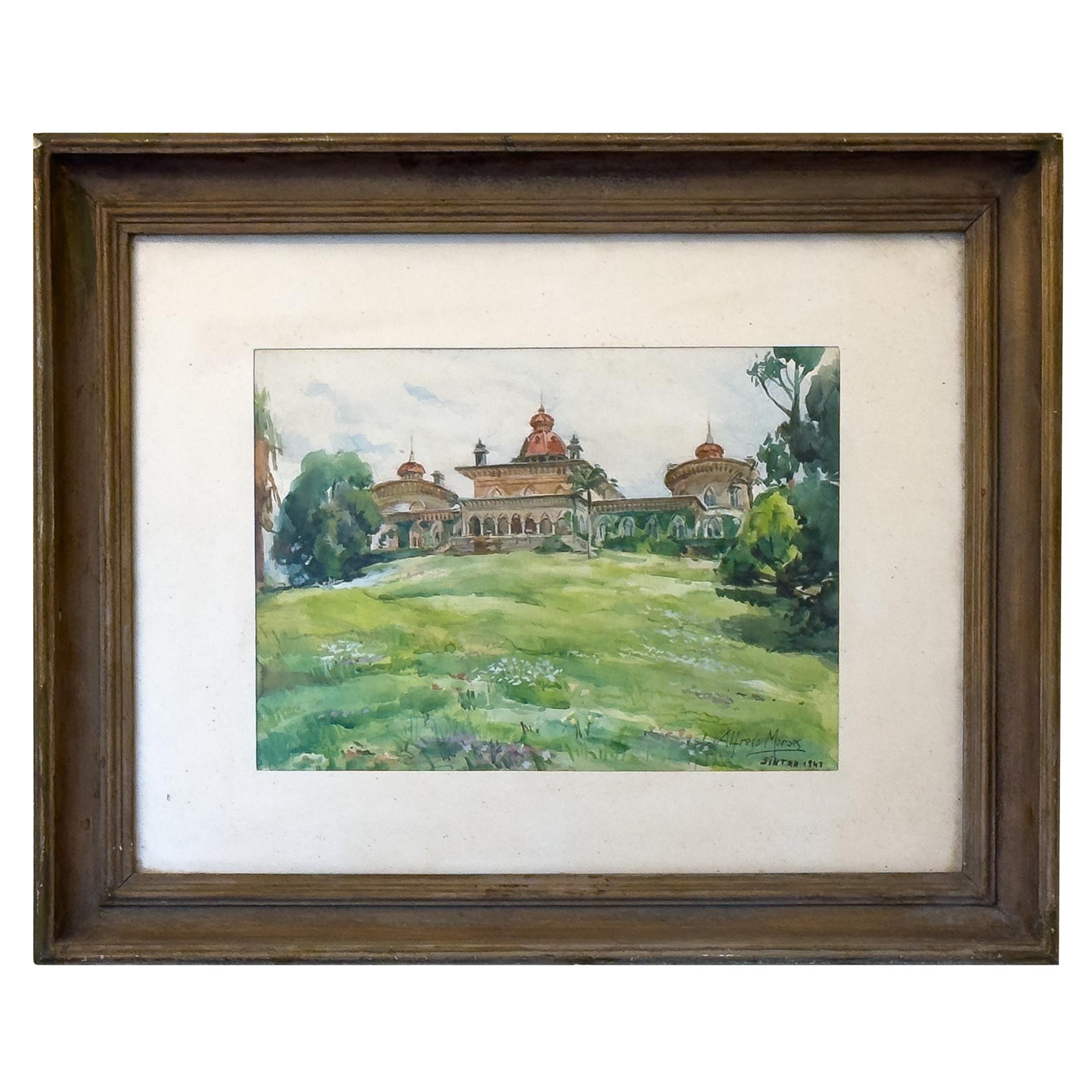 Aquarelle du jardin du palais de Sintra par Alfredo Morais, 1943