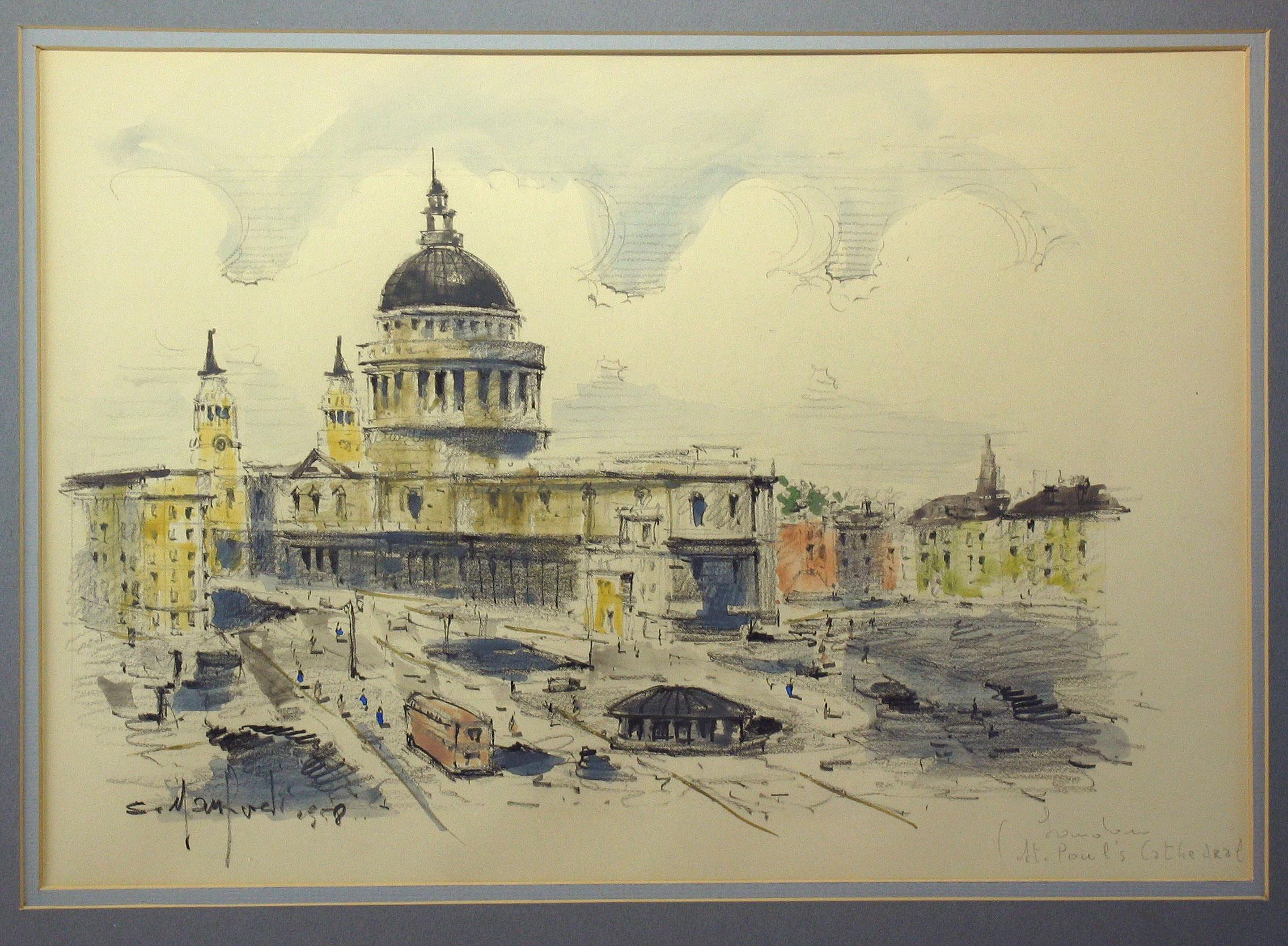 Grand Tour Watercolor of St. Paul's Cathedral in London Sergio Manfredi, Italian For Sale