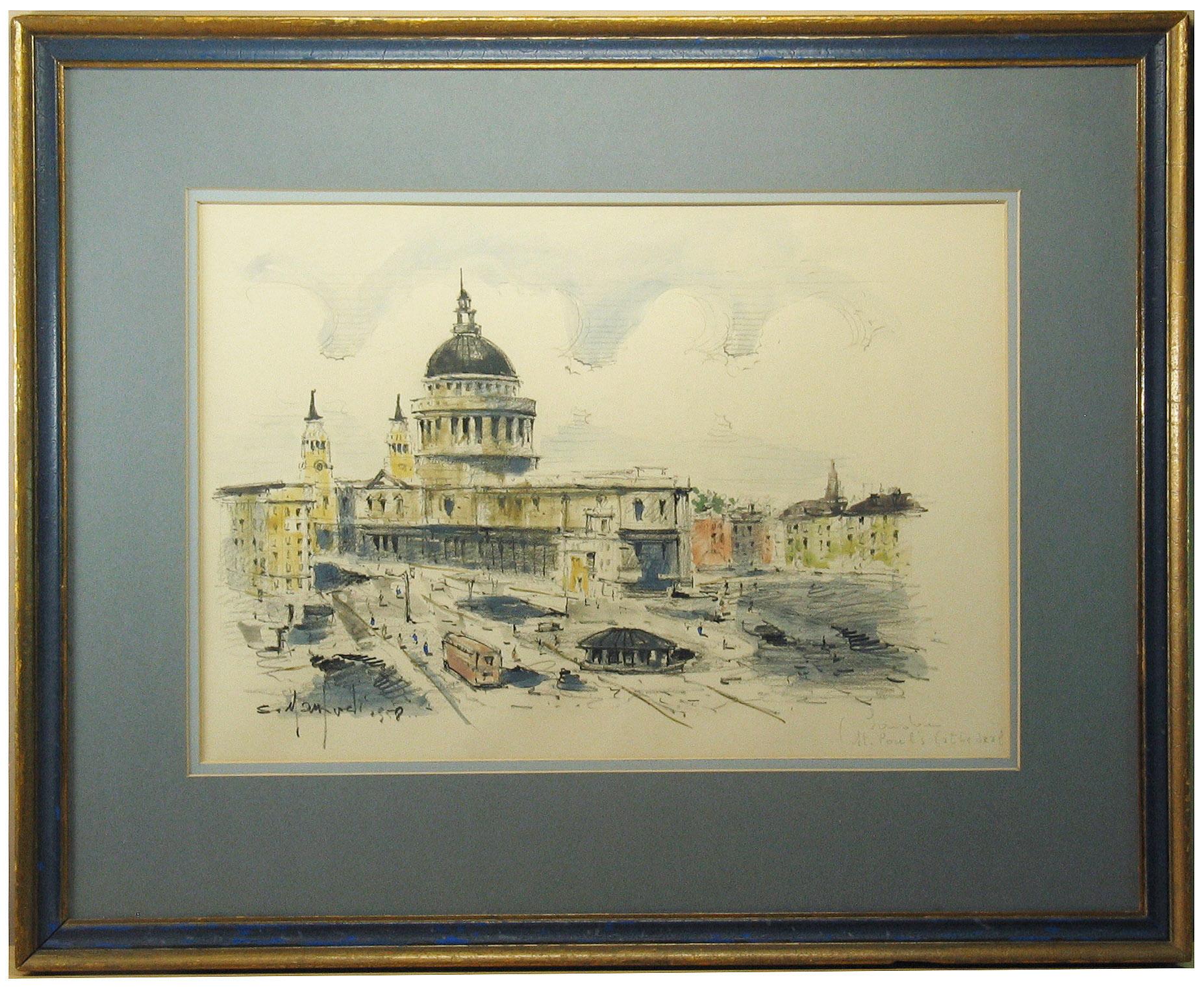 Paper Watercolor of St. Paul's Cathedral in London Sergio Manfredi, Italian For Sale