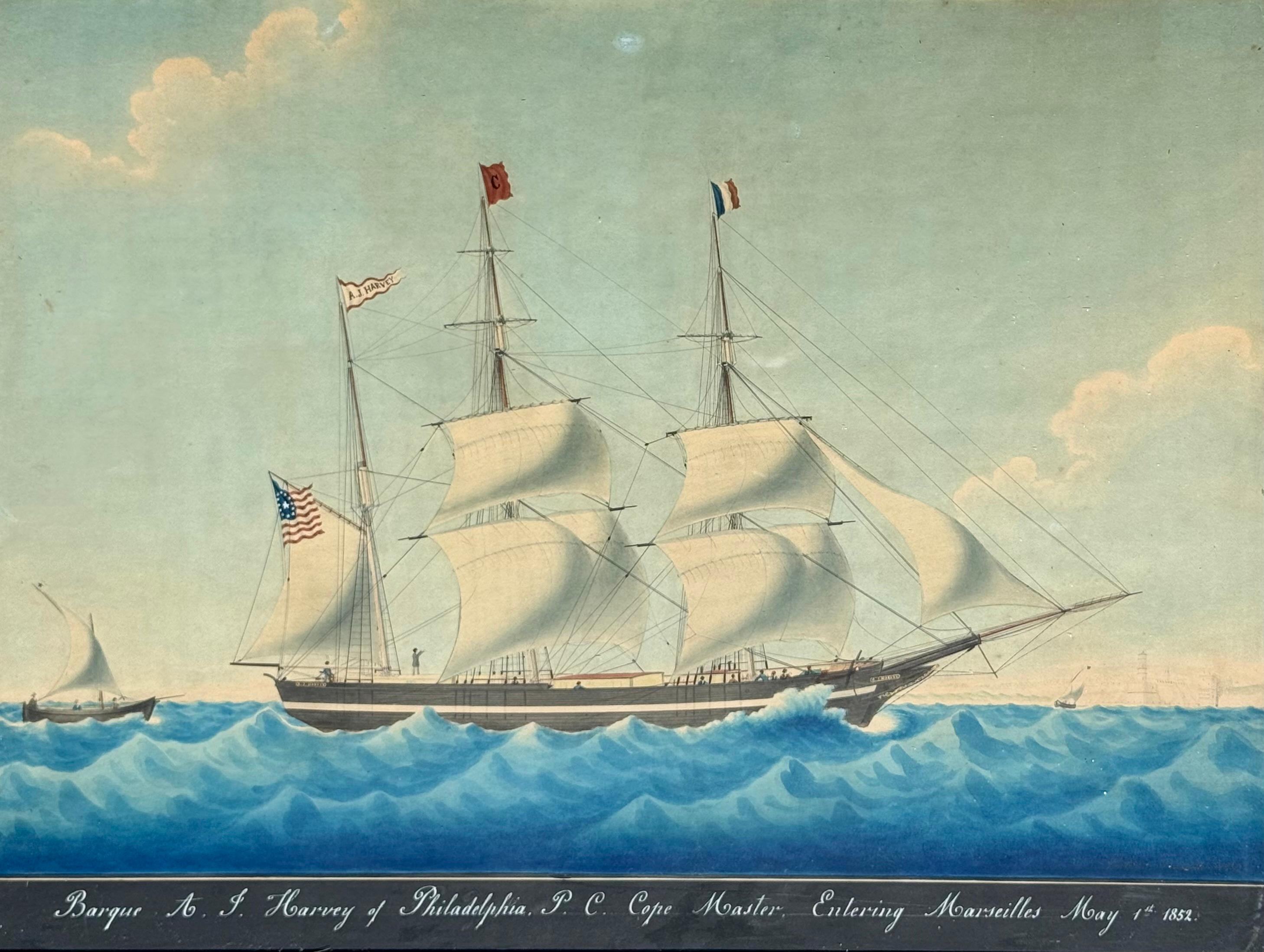 Watercolor featuring the American Barque A.J. Harvey.  Inscribed in the lower center of the painting and with the original handwritten adn signed label on the reverse.  