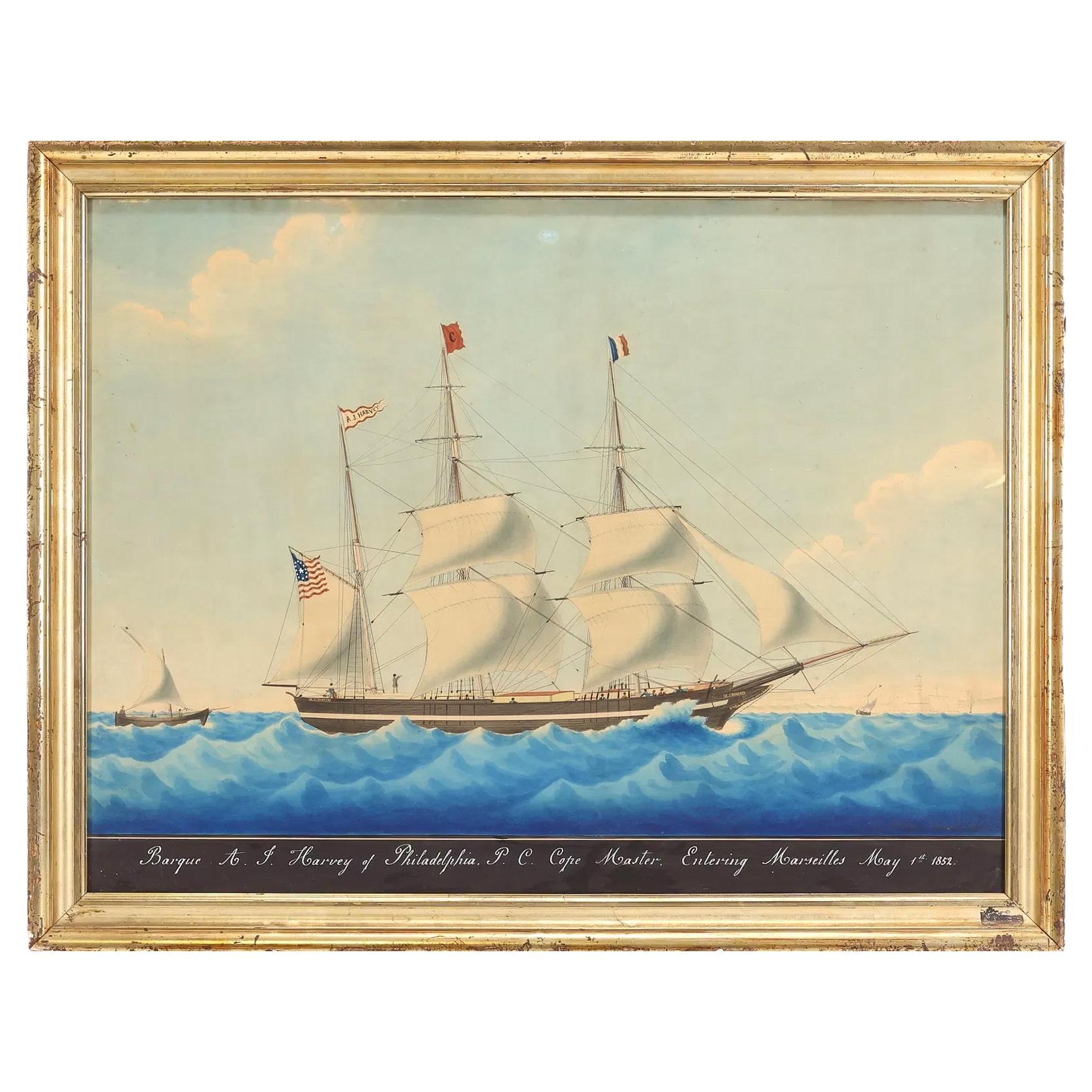 Watercolor of the American Barque A.J. Harvey in Marseilles by Honore Pellegrin For Sale