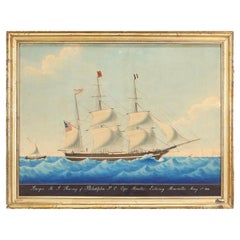 Watercolor of the American Barque A.J. Harvey in Marseilles by Honore Pellegrin