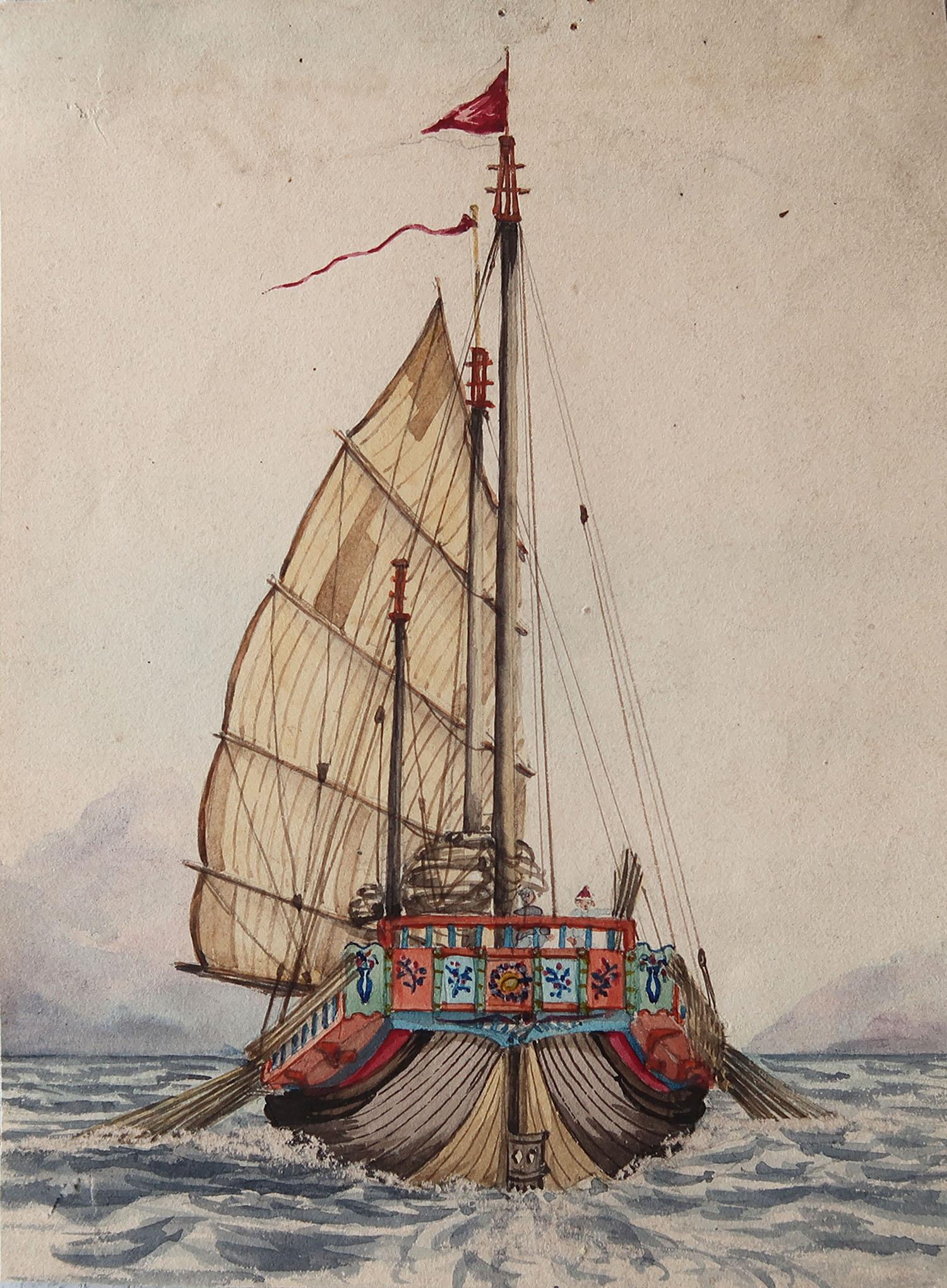 A very interesting watercolor of a Chines Junk

Lovely colours. Not faded at all.

Artist not known. Initialled A.G.W on verso

On wove quality paper 

Minor surface disruption top and bottom left corners. Tiny pin holes middle of top