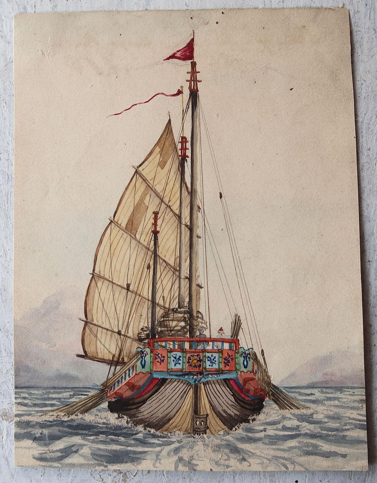 Victorian Watercolor of the Stern of a Chinese Junk, Initialed A.G.W. C.1860