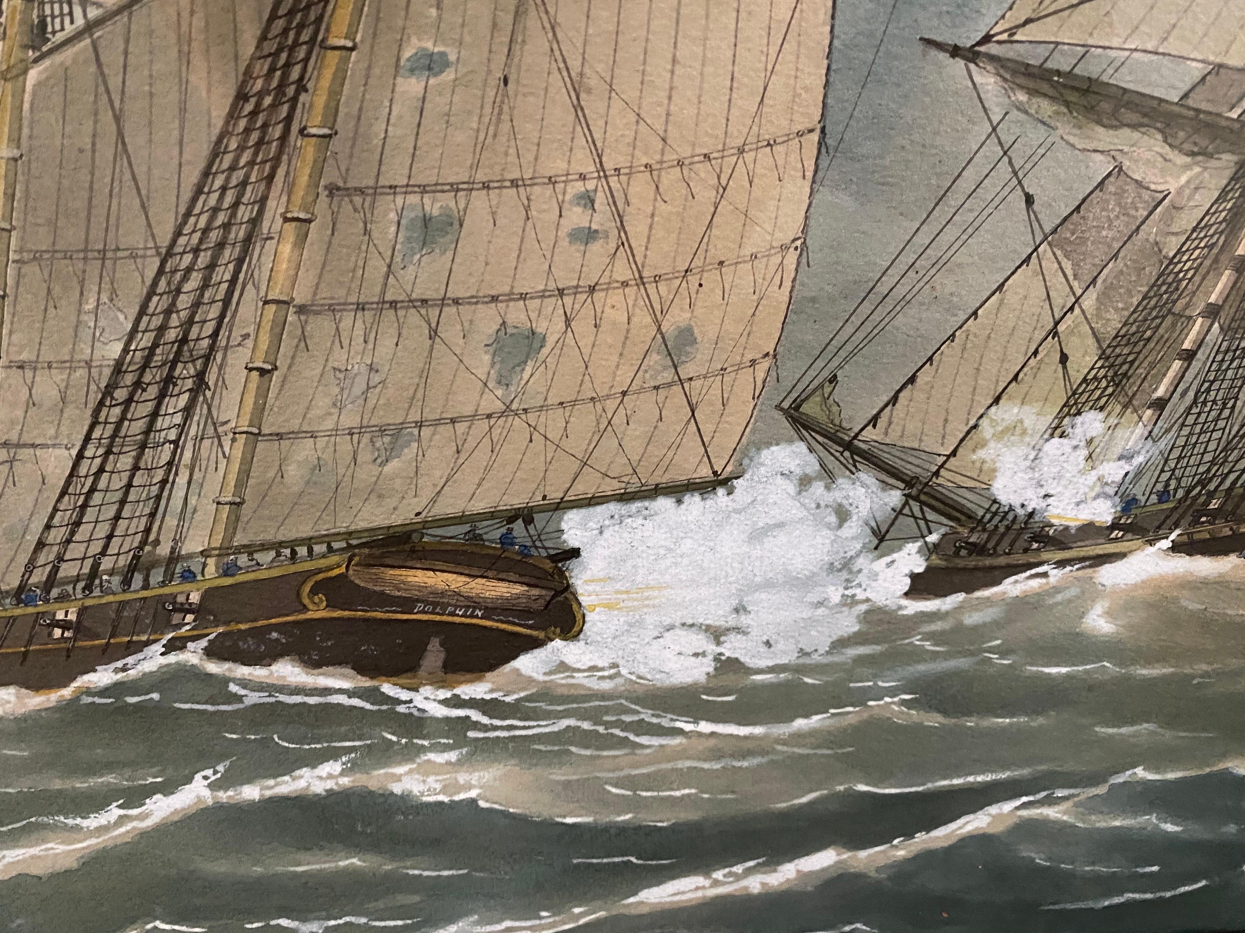Watercolor of Three Ships, 1905, Signed Edward John Russell, (American, 1832-1906) Naval Battle Scene
This 19th-century watercolor painting depicts a dramatic naval scene with three sailing ships engaged in battle. The watercolor is after an