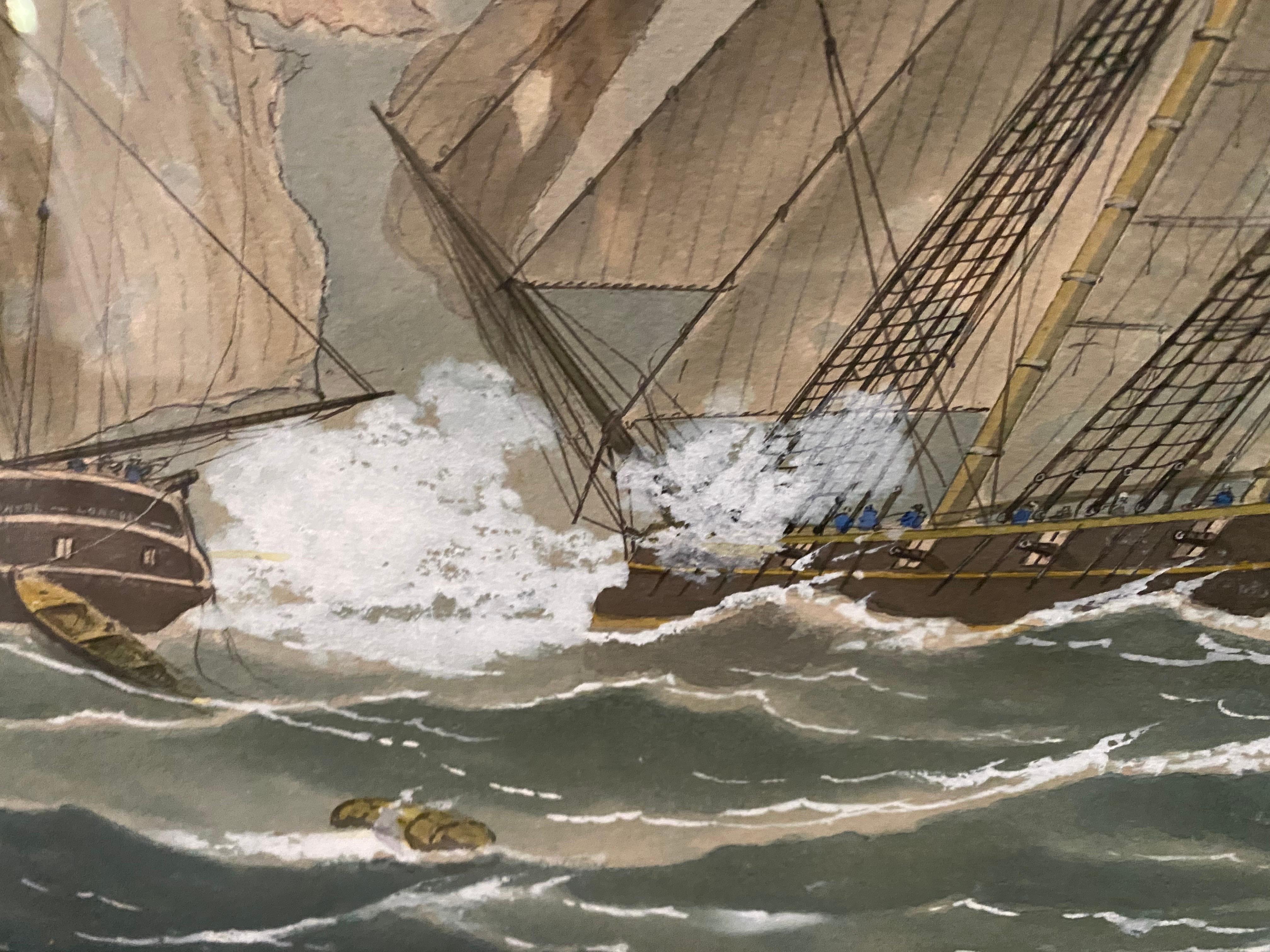 Hand-Painted Watercolor of Three Ships, 1905, Signed Edward John Russell, (American)